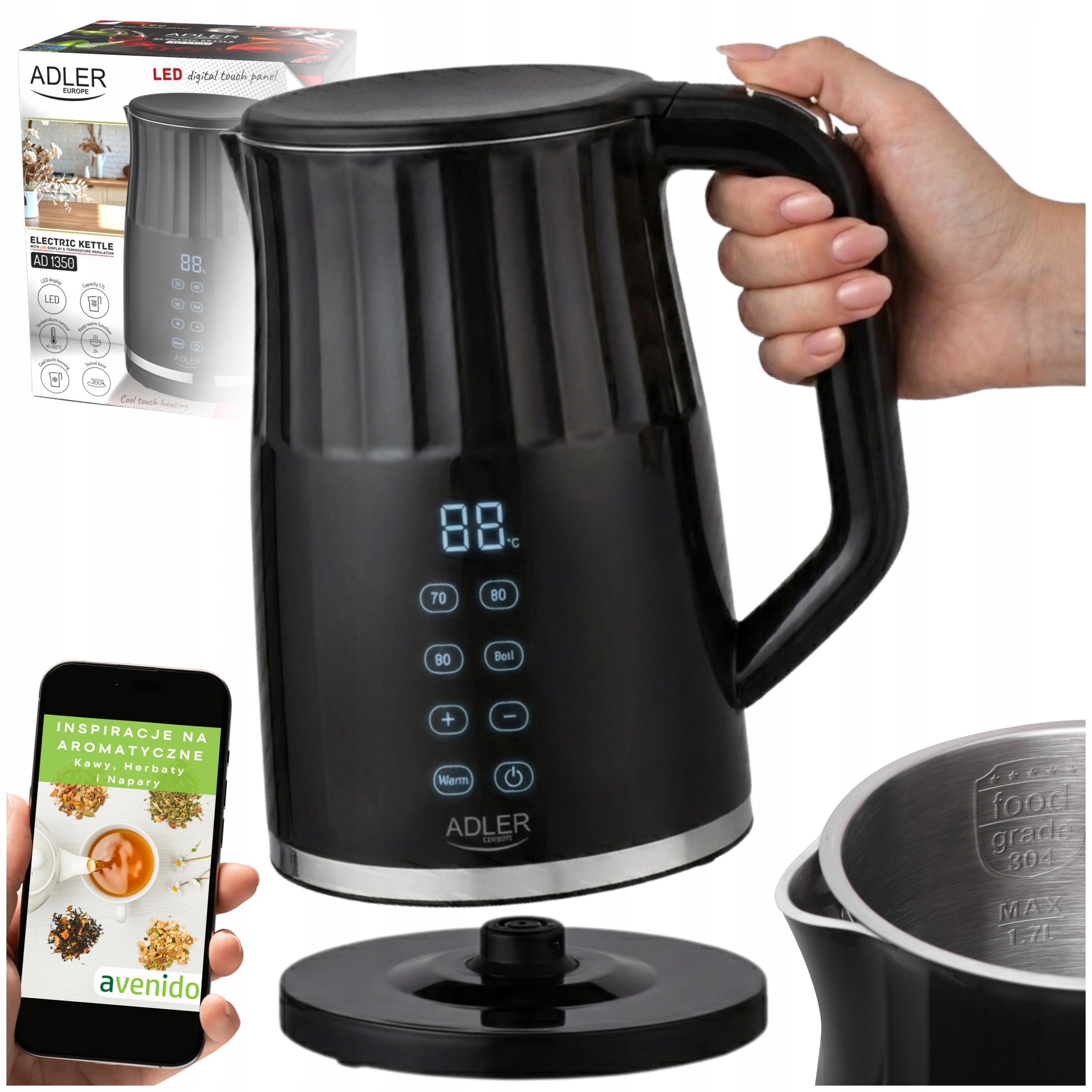 Adler Elektrická Led varná konvice s regulací teploty 1,7 l, otočná základna