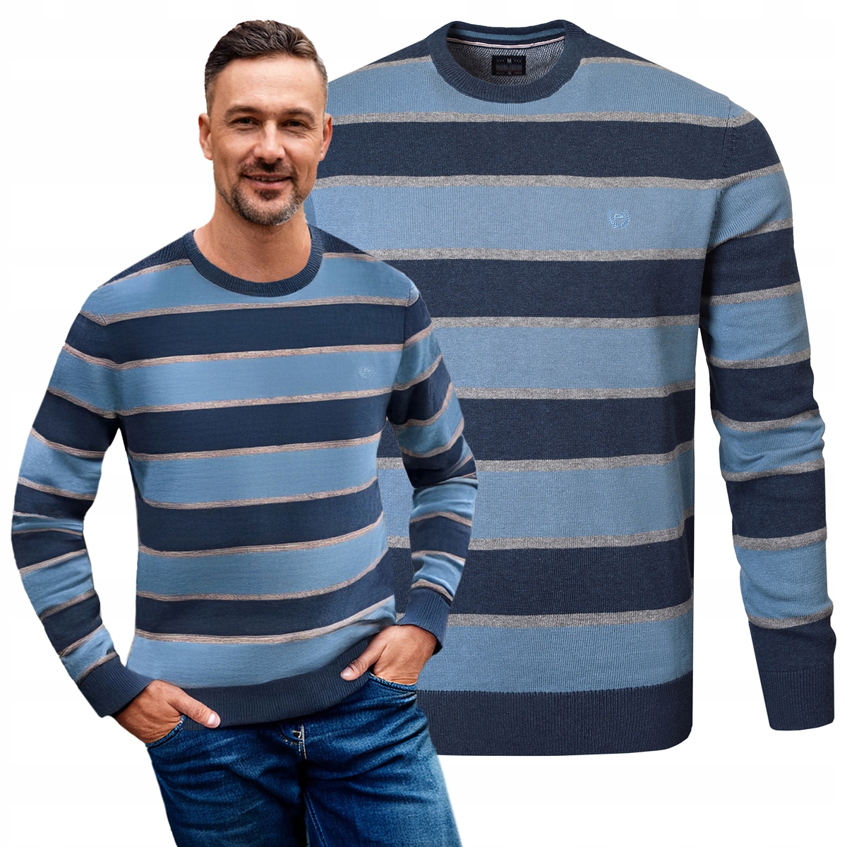 Elegantní pánský Modro-granátový Svetr s proužky Bavlněný XL Pako Jeans
