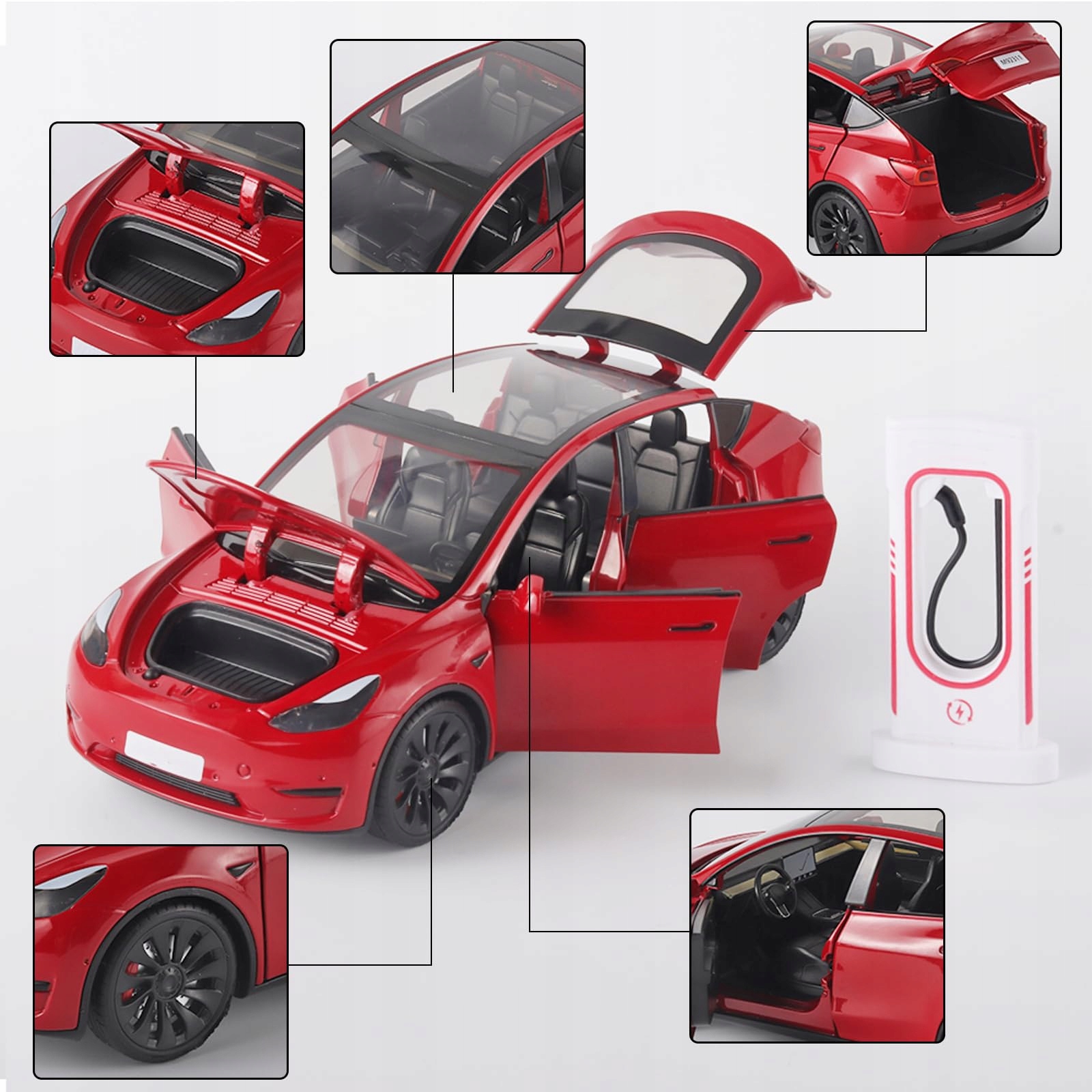 METALOWY MODEL TESLA Y NAPĘD ŚWIATŁA LED DŹWIĘK OTWIERANE DRZWI MASKA 1:24 Marka ACR