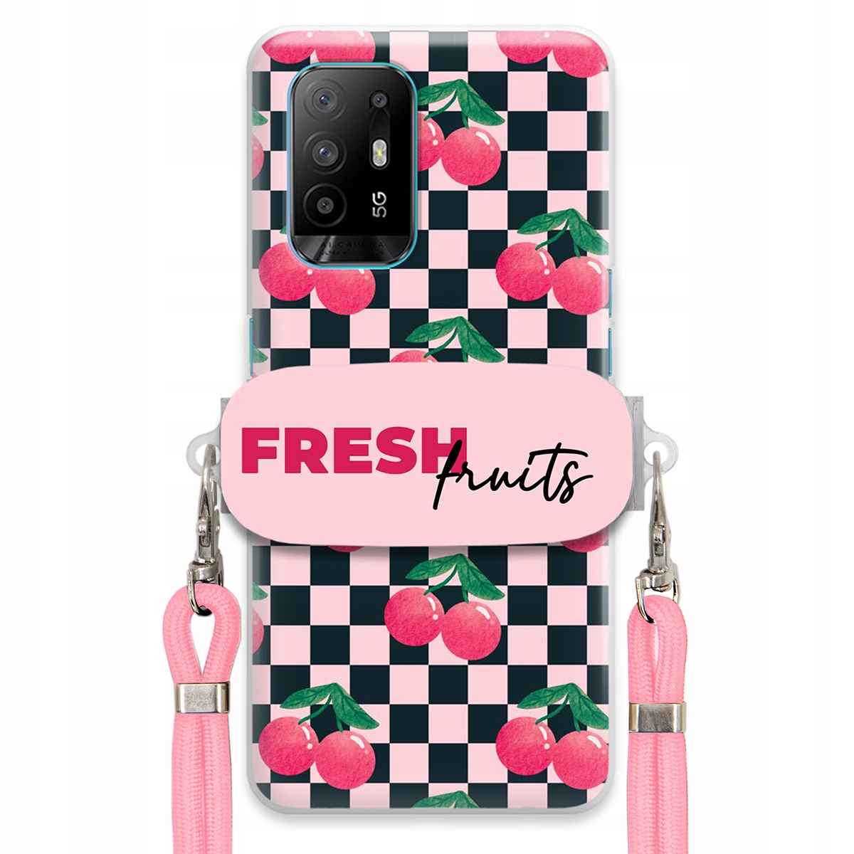 Puzdro pre Oppo A94 5G Vodítko Pink Crossbody držiak šachovnice Fresh Fruits
