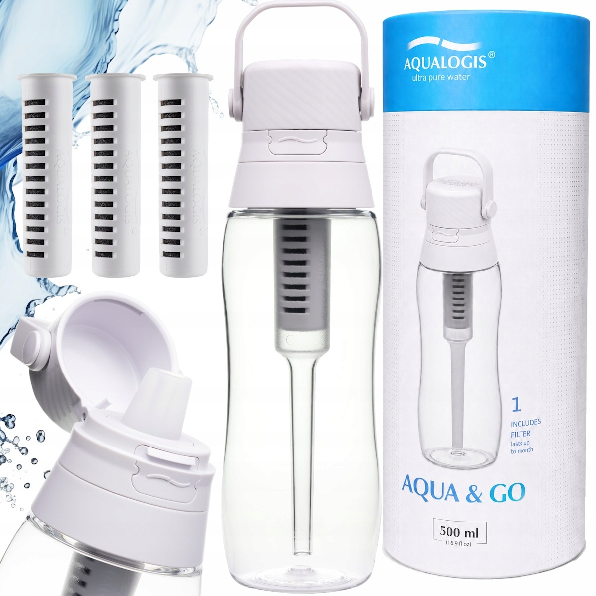Filtračná fľaša na vodu Aqualogis Aqua&Go 0,5 l 3 vymeniteľné náplne