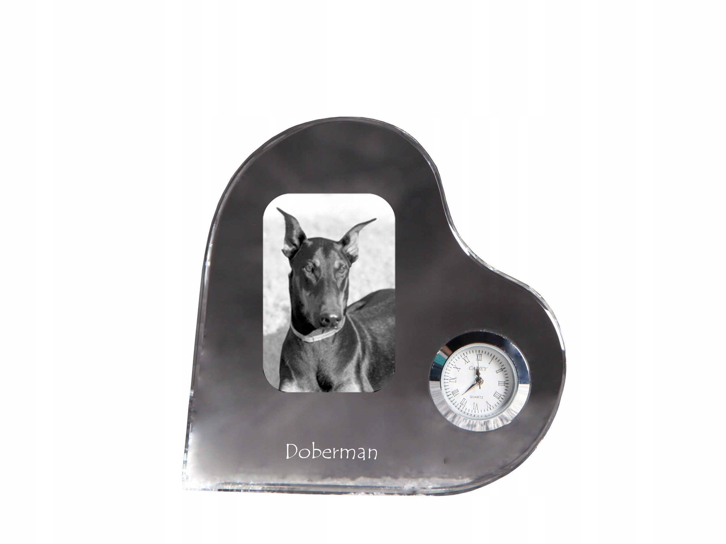 Doberman krištáľové hodiny v tvare srdca s vašou fotografiou