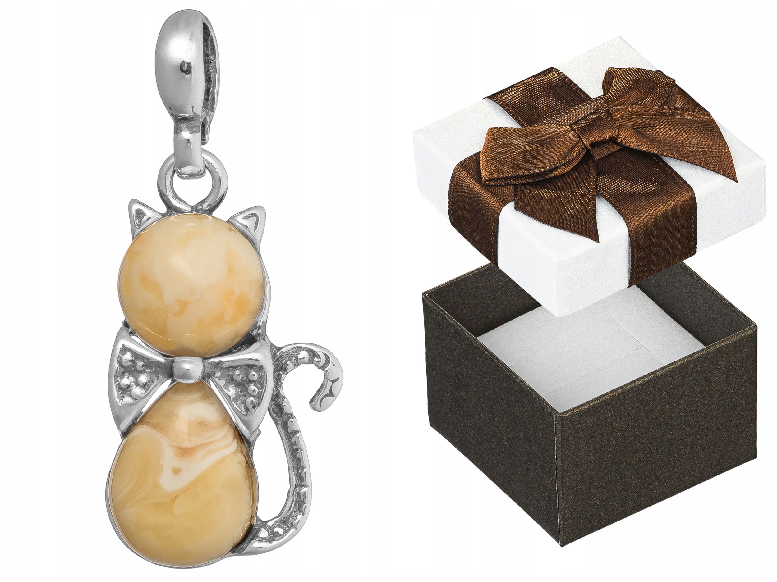 Stříbrný přívěsek Kočka s jantarem Oxidovaný Přívěsek Kočička s mašličkou 925
