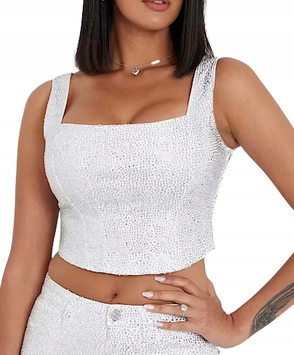 Guess Bílý Top Na Širších Ramínkách S Flitry Xs Gnb