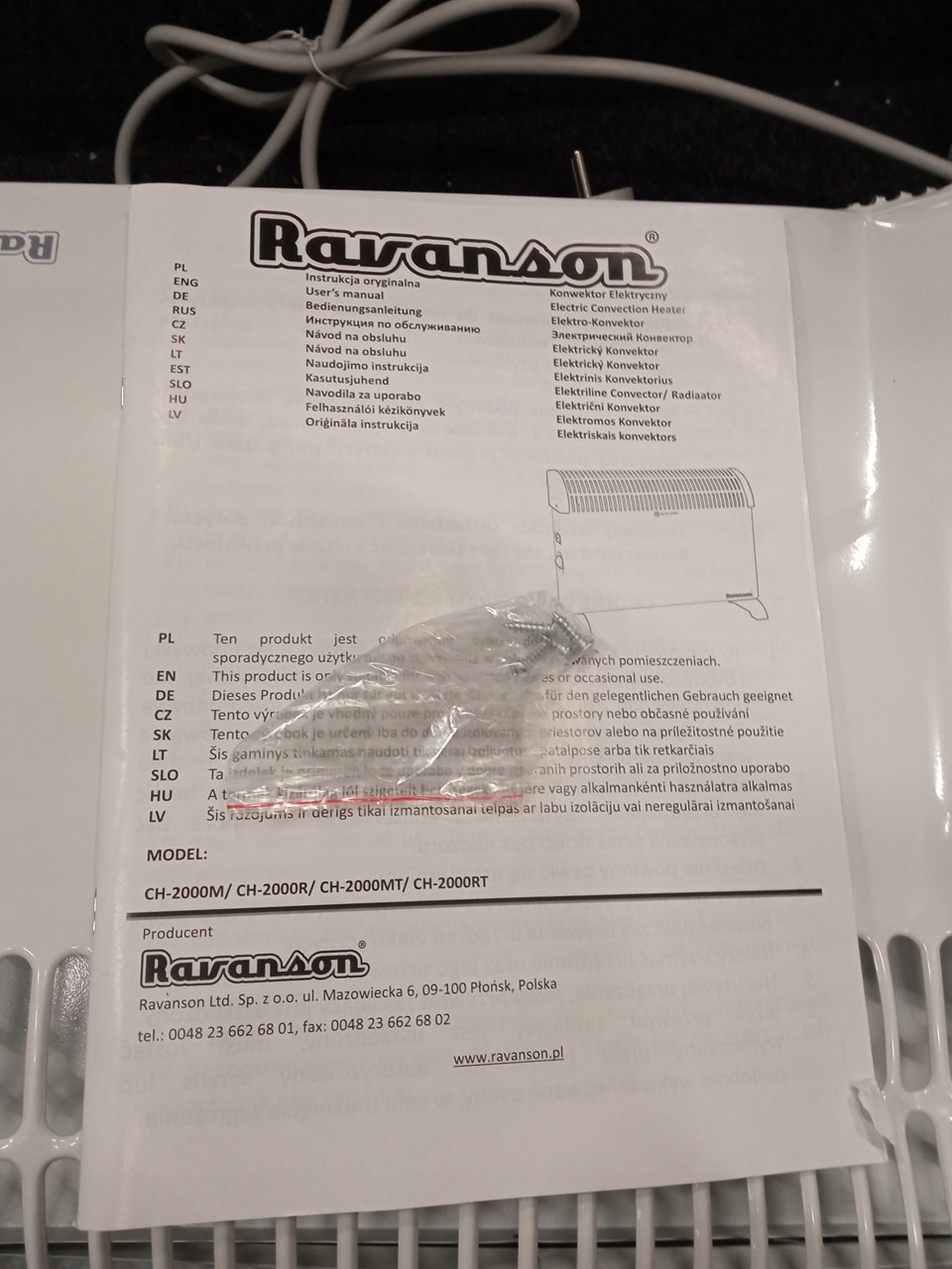 RAVANSON Konwektor CH-2000M Kolor dominujący biały