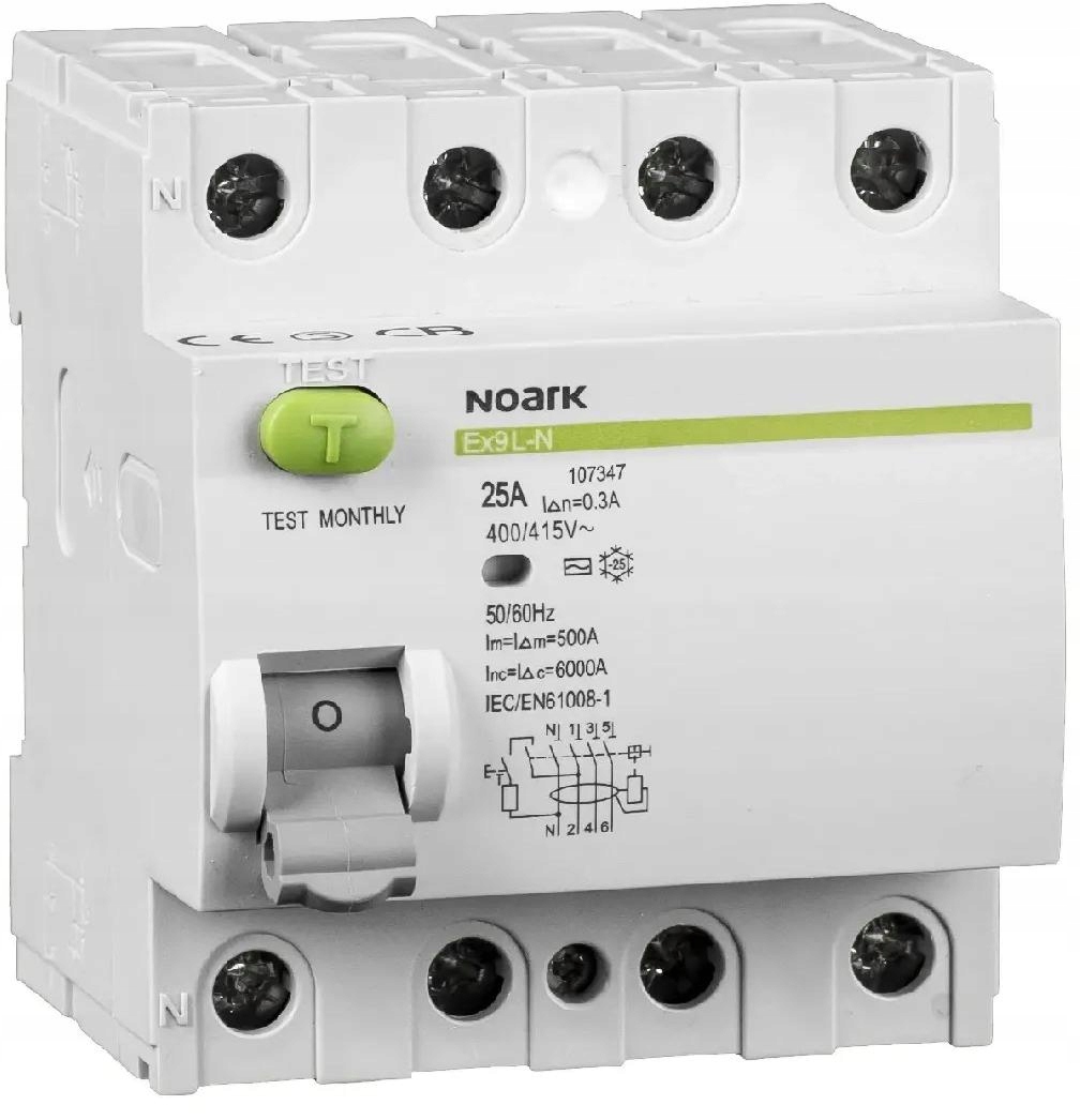 Diferenciální Proudový Spínač, 6 Ka, 25A, 30MA, 4P Typ Ac EX9L-N. Noark 108331