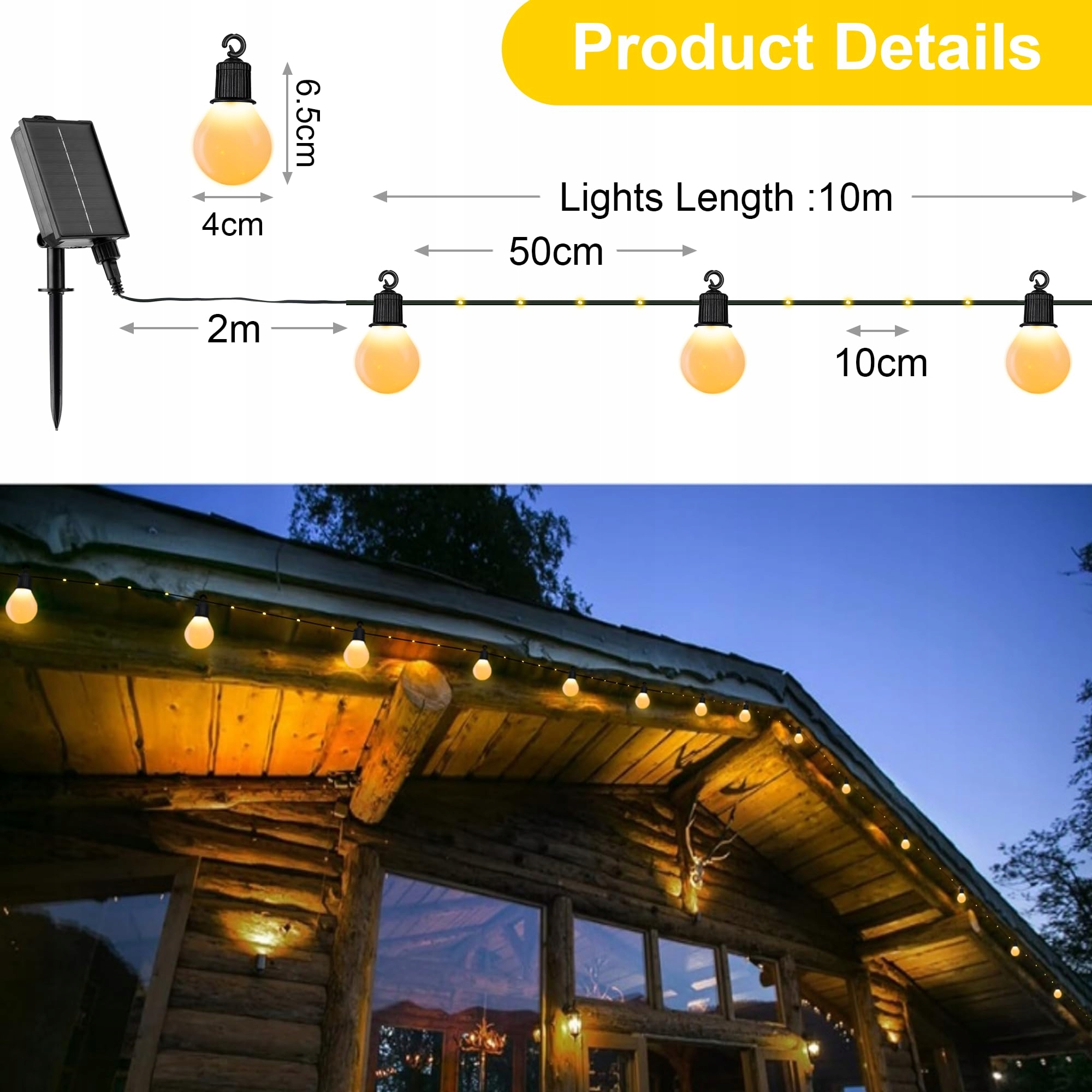 TACOBEY Solarna Girlanda 10M 100 LED Zewnętrzna Ciepła Biała — miniatura 6