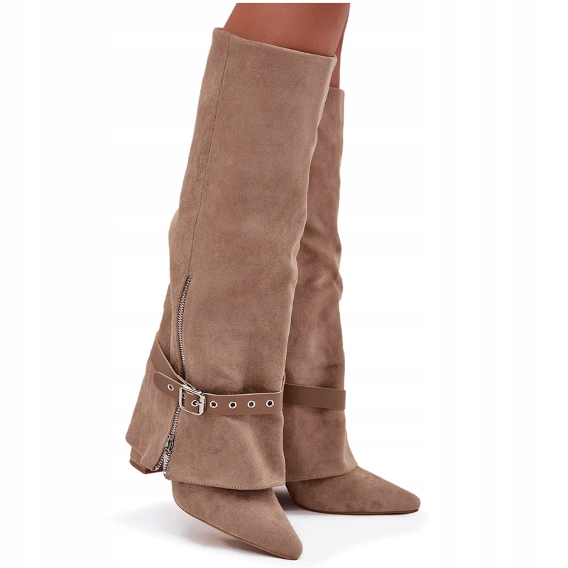 Dámské Nazouvací Kozačky Eko Semiš Podpatek Ozdobný Sloupek Pásek Zip Béžové 40