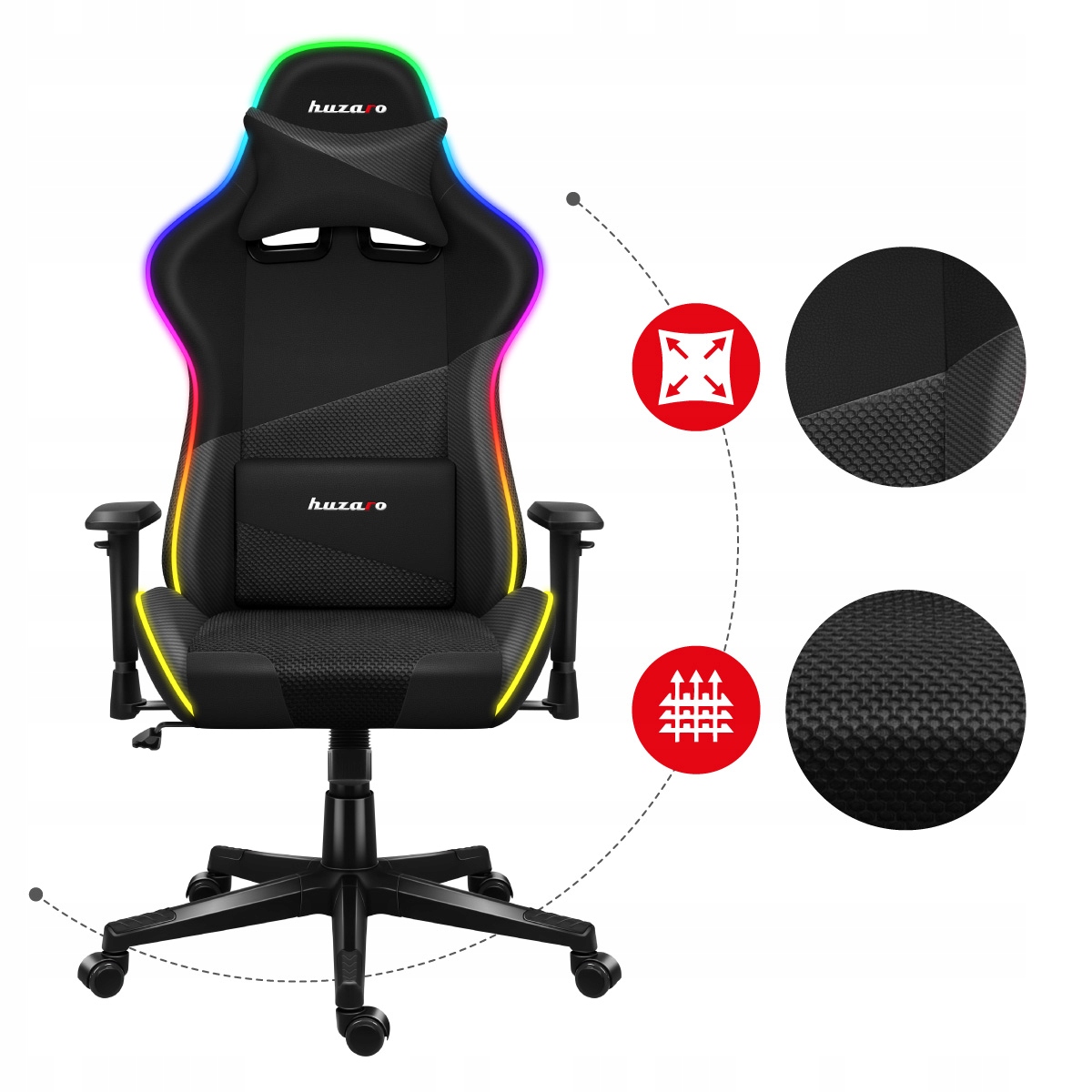 Ігрове крісло поворотне МАТЕРІАЛ HUZARO Force 6.2 RGB LED Lights Висота меблів 133 см