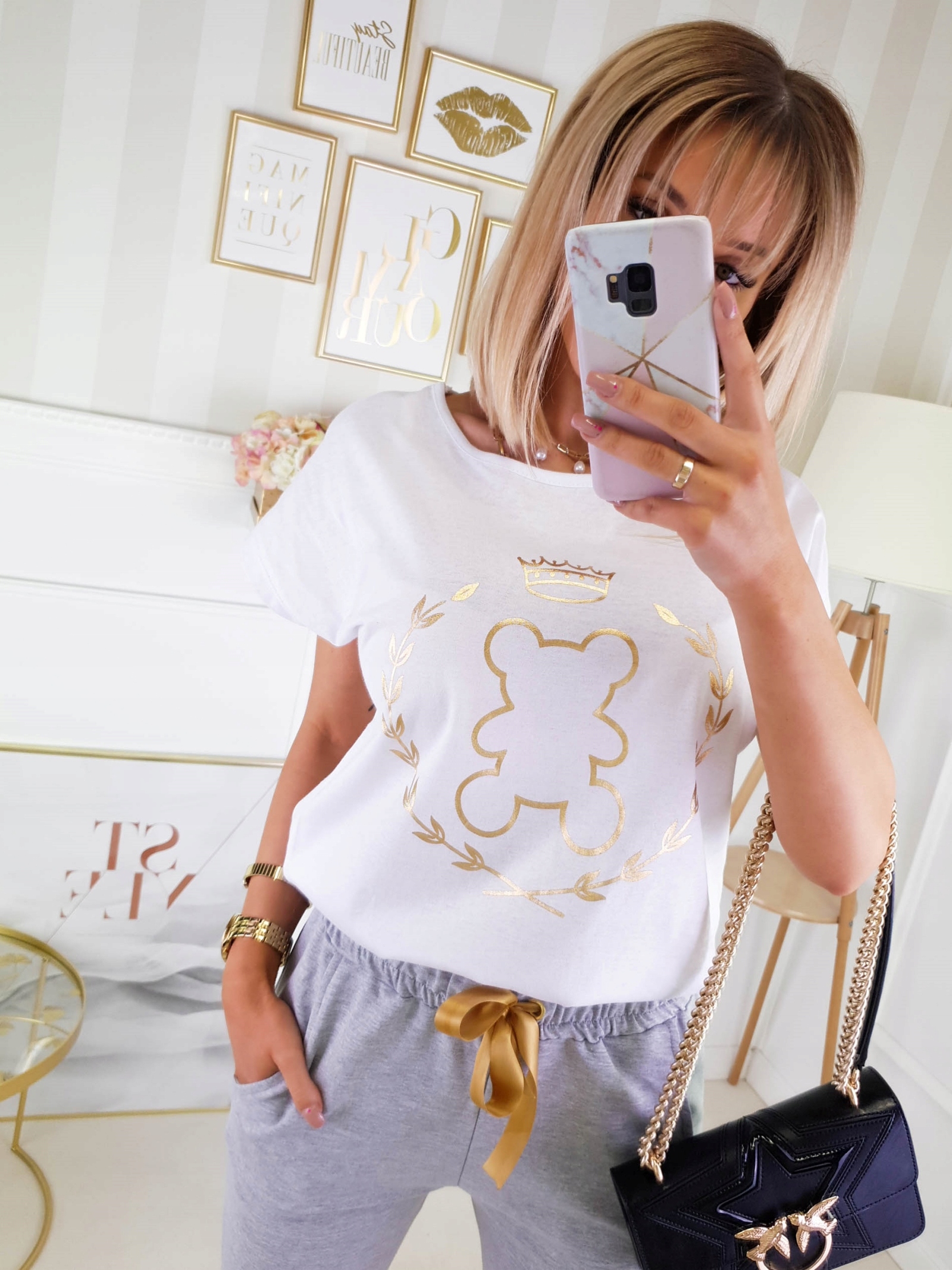 Kobieca Bluzka ZŁOTY PRINT MIŚ Bawełna Kolory L Kolor biały