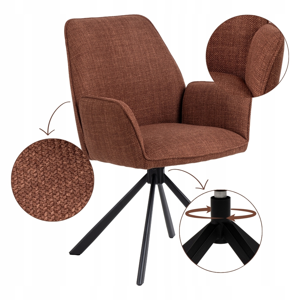 Pohodlná Otočná Stolička Hnedá Do Jedálne V obývačke s čalúneným operadlom