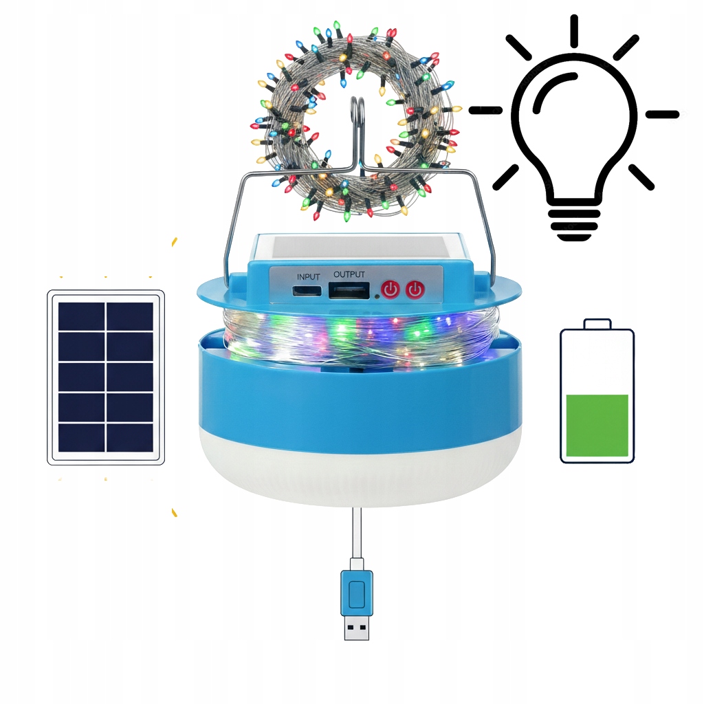 Solární Kempingová Led Lampa Powerbank Vánoční Osvětlení Na Stromeček 100 Led Barevné 8 M