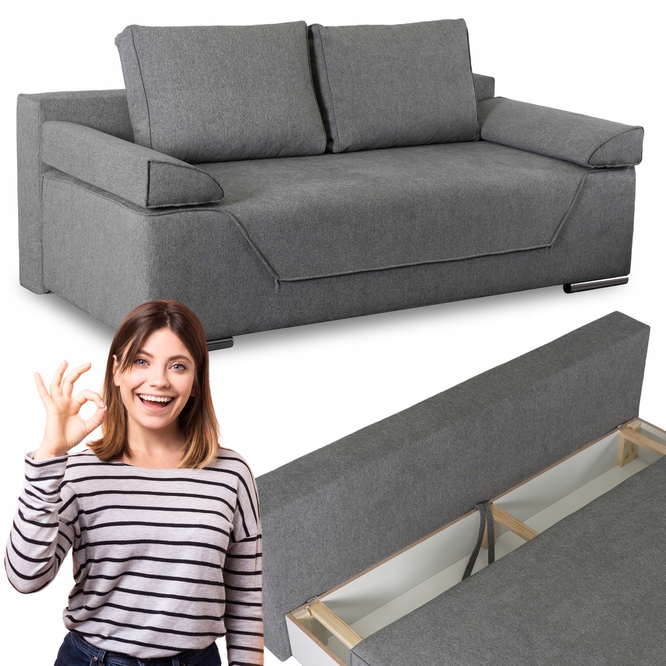 Rozkládací pohovka s funkcí spaní Dvoumístná pohovka Šedá Reno