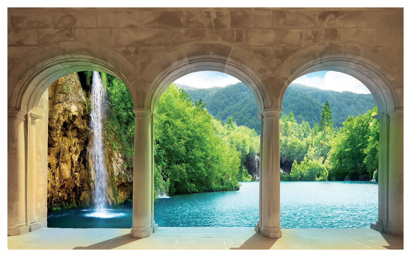 Fototapeta Oblouky Vodopád Hory Les Panorama Zeleň Klid Ráj 208x146 lepidlo