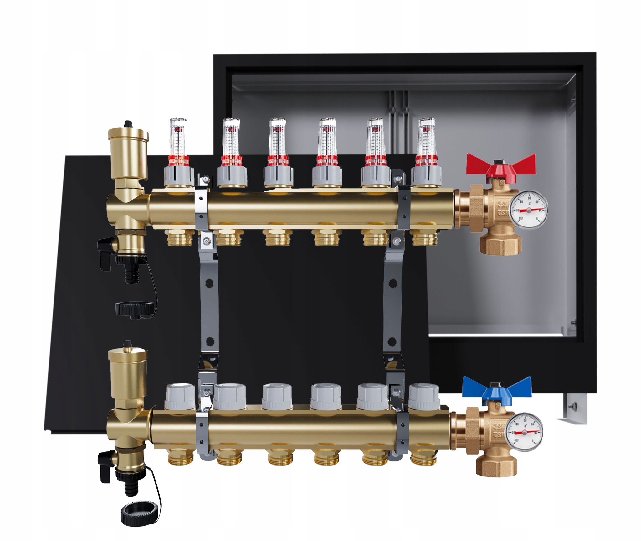 Rozdělovač Pro Podlahovku 6 Okruhů S Podomítkovou Skříní, Černý Ventily