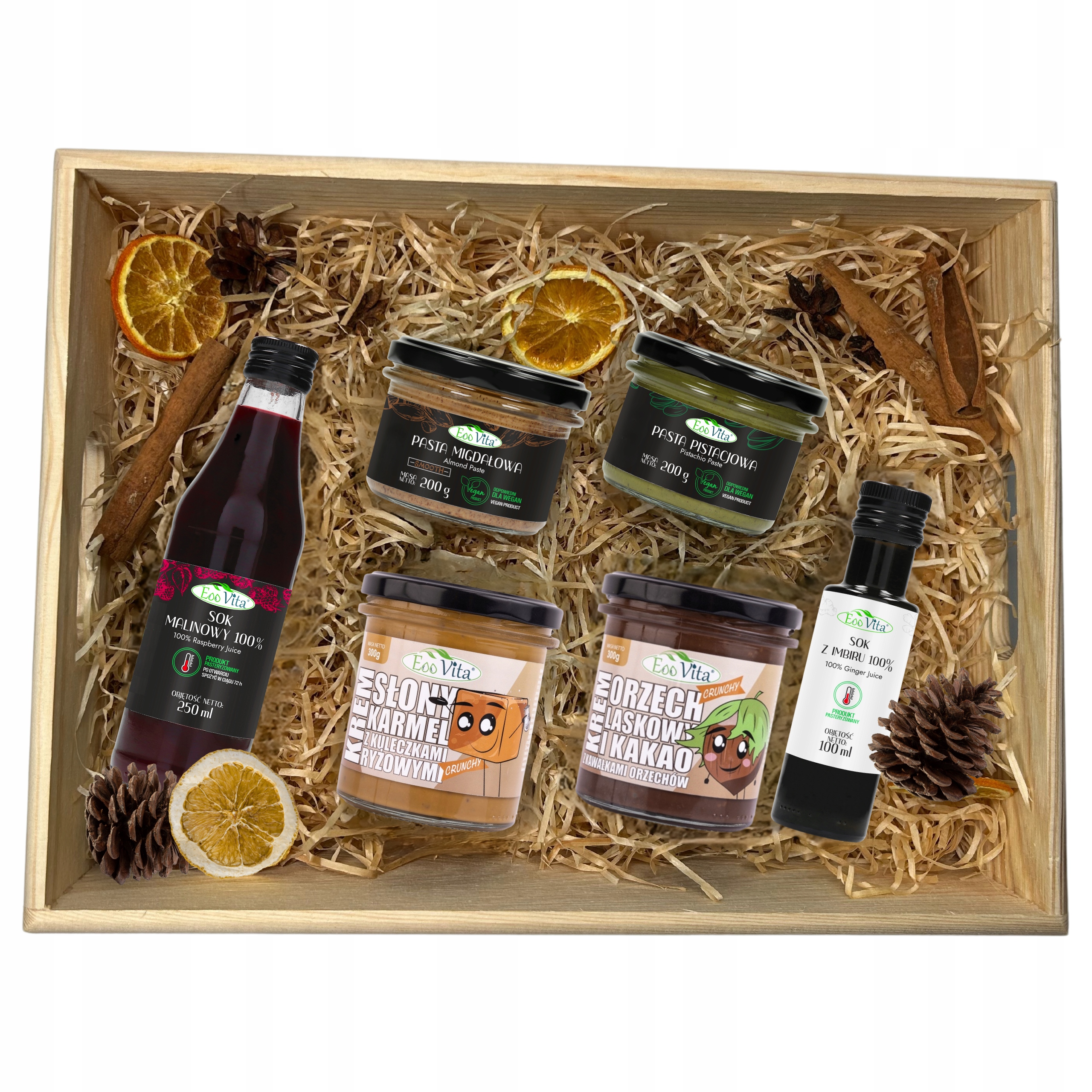 Zestaw Prezentowy Sok Malina Imbir Krem Orzech Laskowy Pistacja Migdał