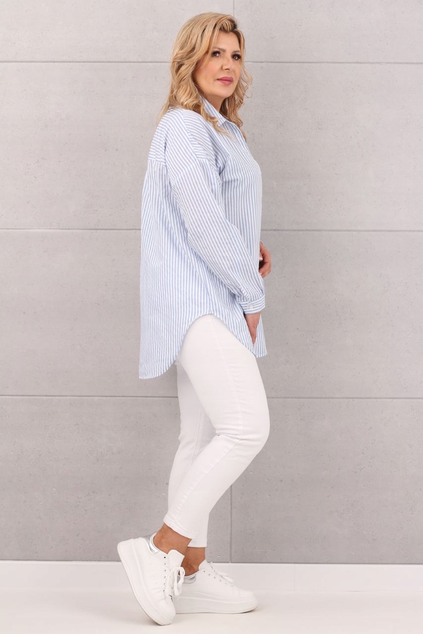 BAWEŁNIANA KOSZULA DAMSKA OVERSIZE WZÓR W PASKI LUŹNA DUŻE ROZMIARY Rozmiar 48
