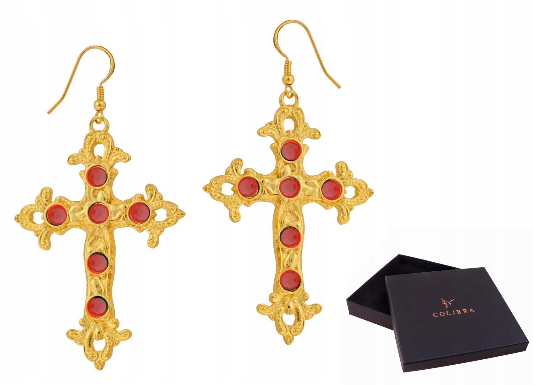 Náušnice Zlaté velké kříže s červenými krystaly pozlacené 24k Colibra