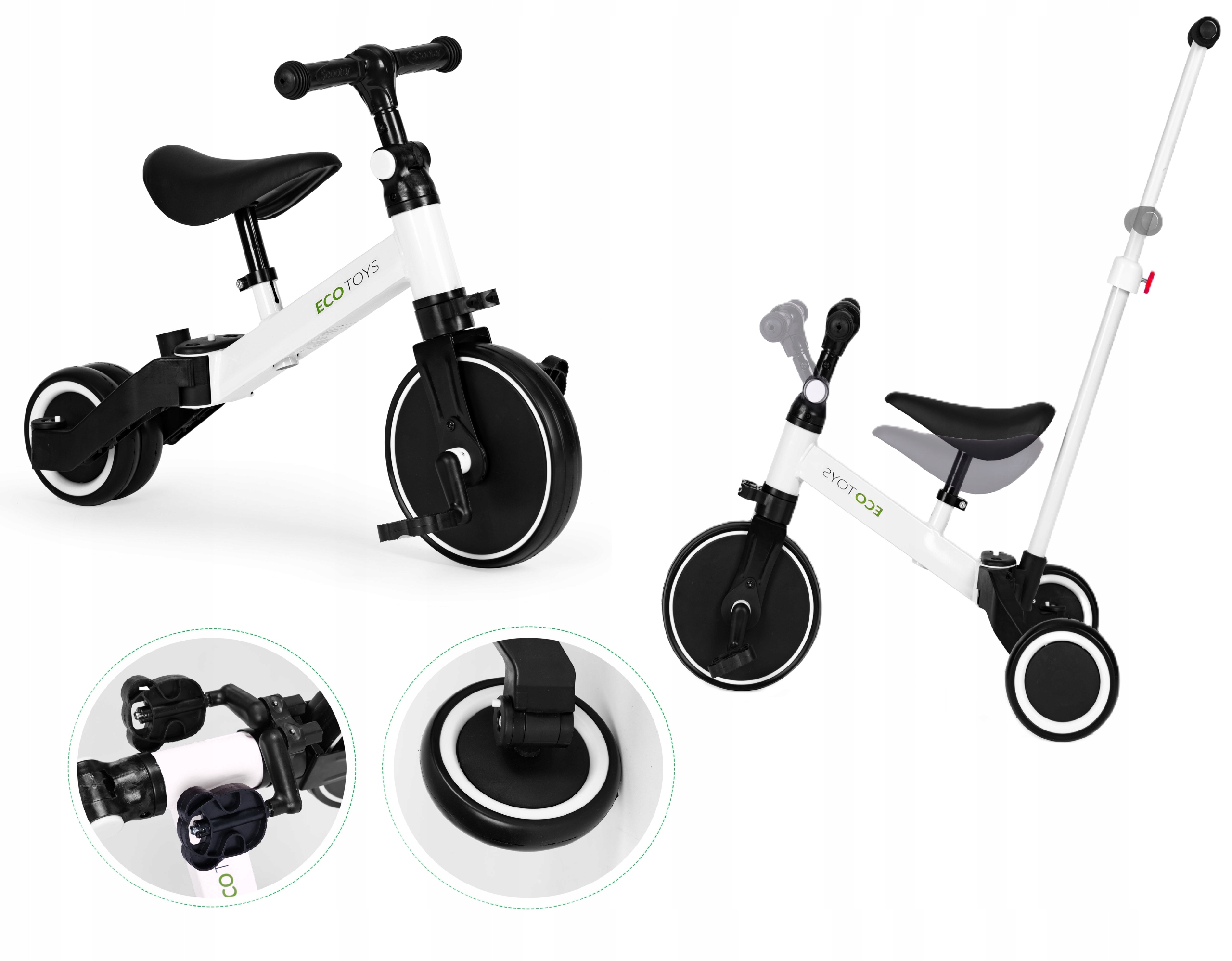 Trójkołowy Rower Biegowy 2W1 Rączka Do Prowadzenia Siodełko Biało-czarny