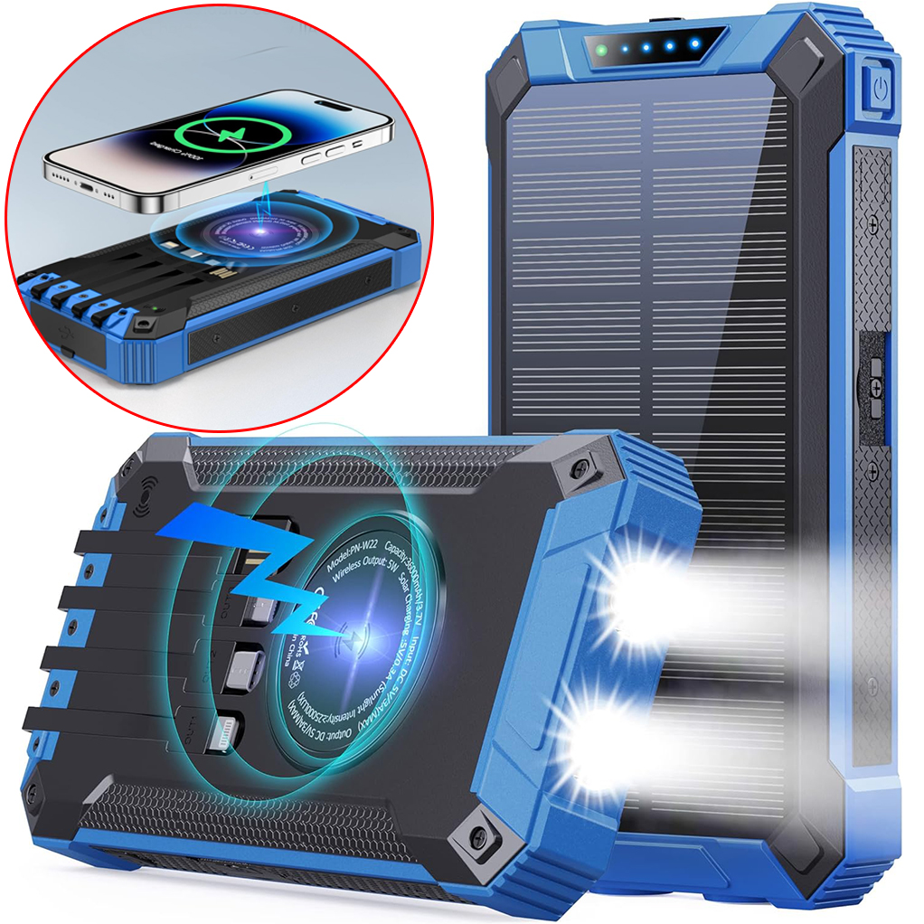 Solární Powerbanka Akumulátor 10000 Mah 4 Kabely Usb Led Svítilna