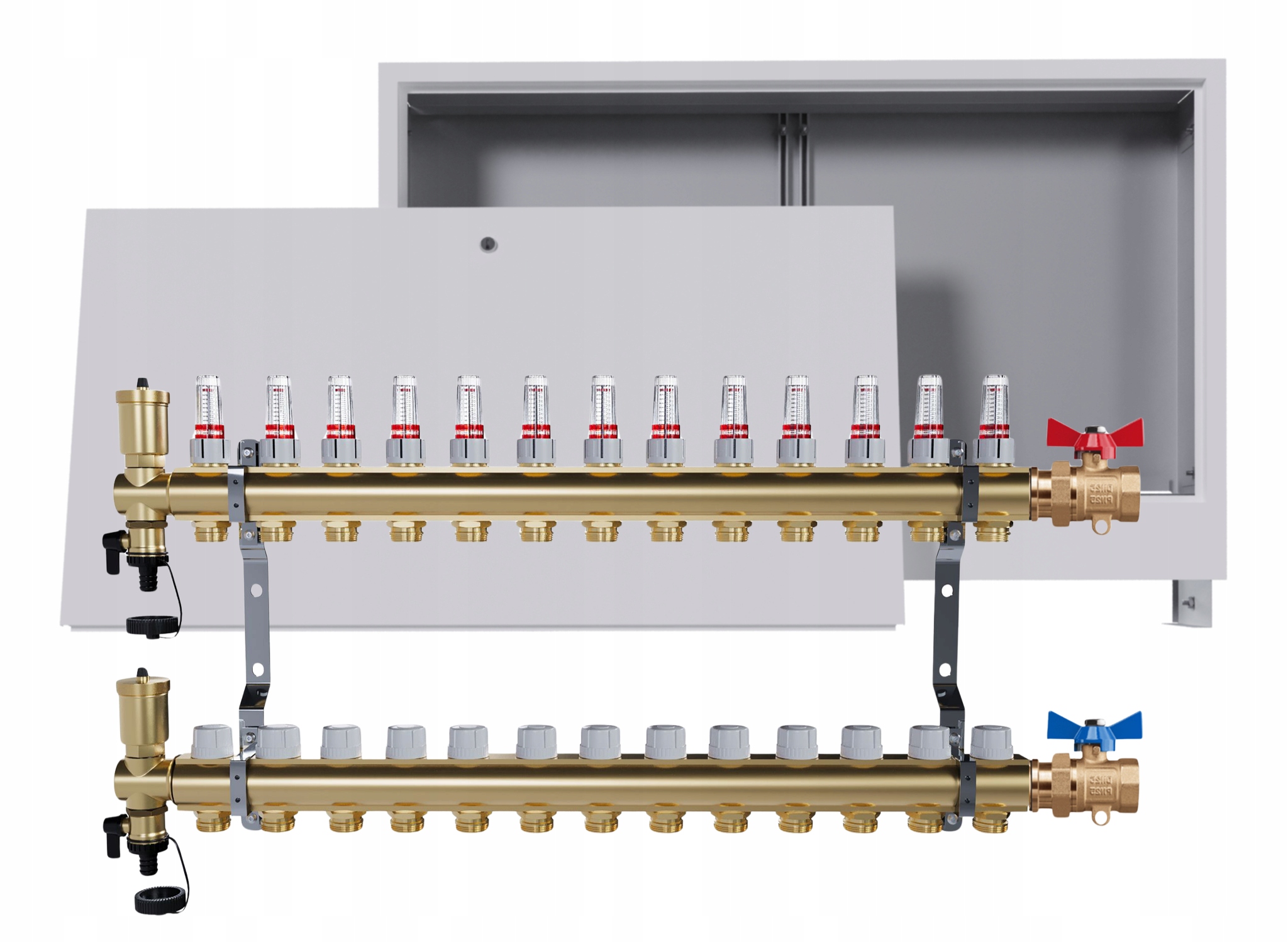 Rozdělovač podlahových krytin mosazný 13 obvodů podomítková skříňka jednoduchý ventil