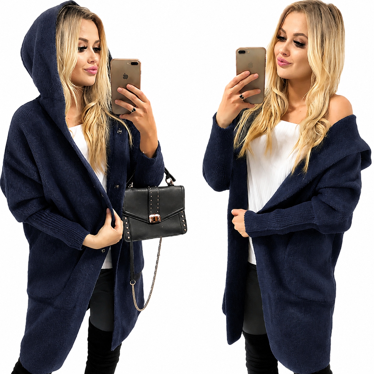 Alpaki Kabát Vlněný Barevný oversize Dlouhý Tmavě Modrý