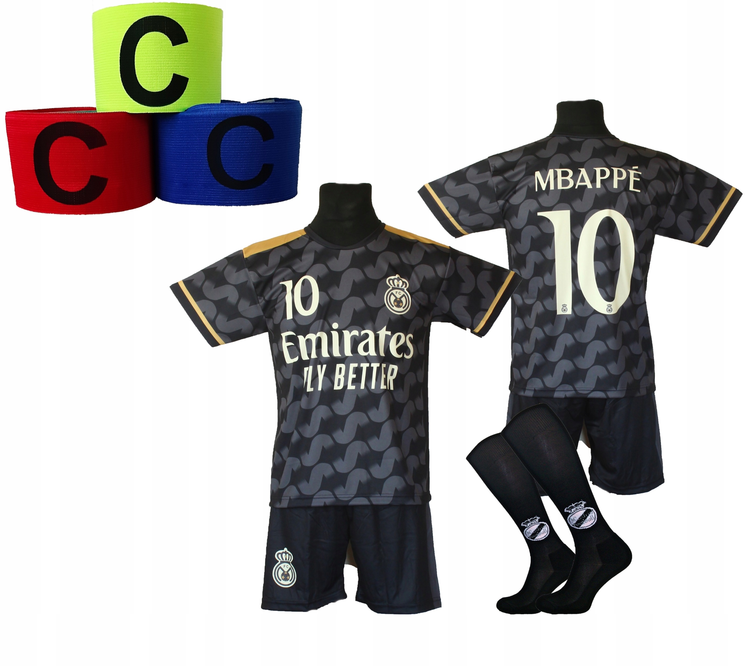 Fotbalové oblečení Mbappe černé tričko kraťasy štulpny čelenka vel.