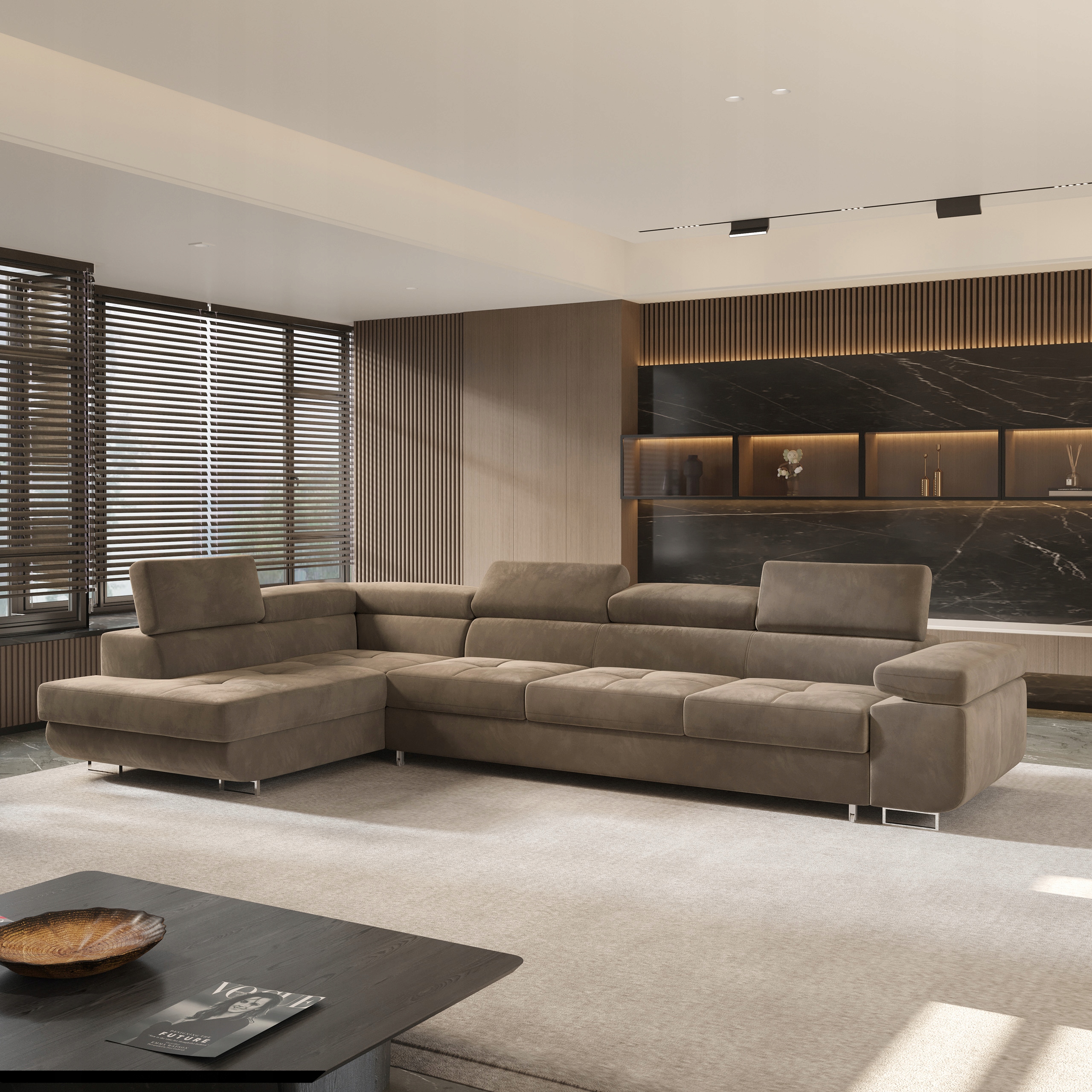 Rohová Sedací Souprava Vicente Funkce Spania Glamour Velur Béžová