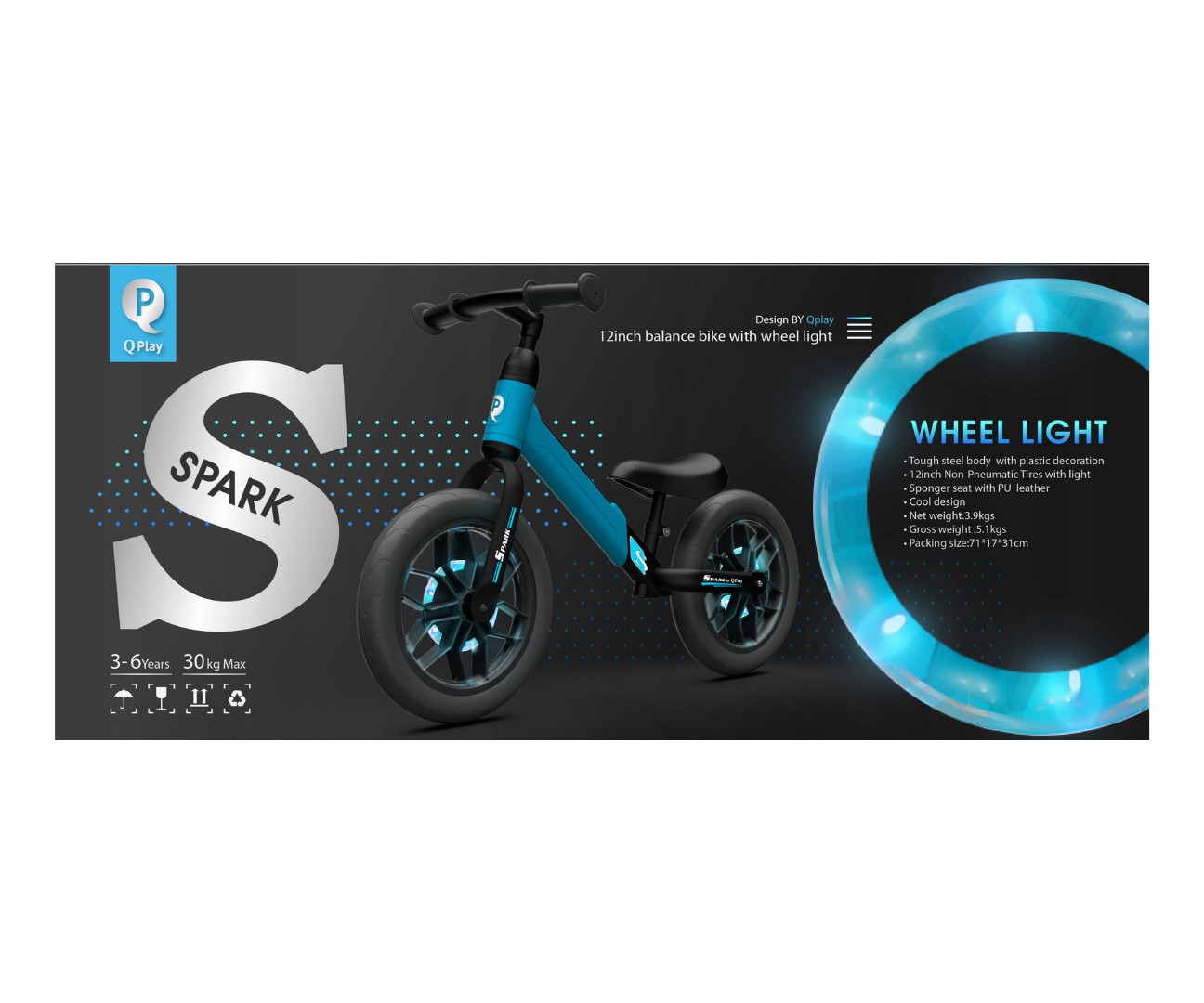 Qplay балансировочный велосипед Spark регулируемая высота LED модель Spark