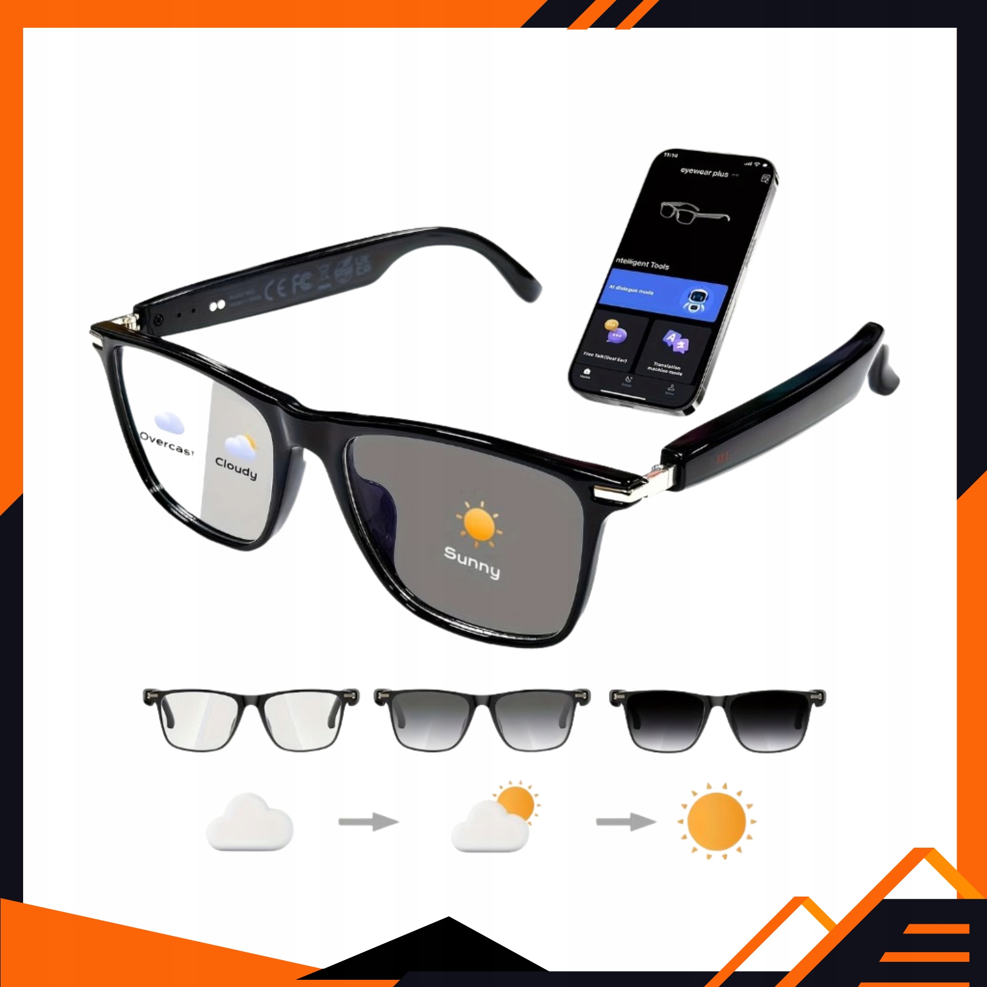 Inteligentne okulary Ai fotochromowe z tłumaczeniem Live w 160 językach