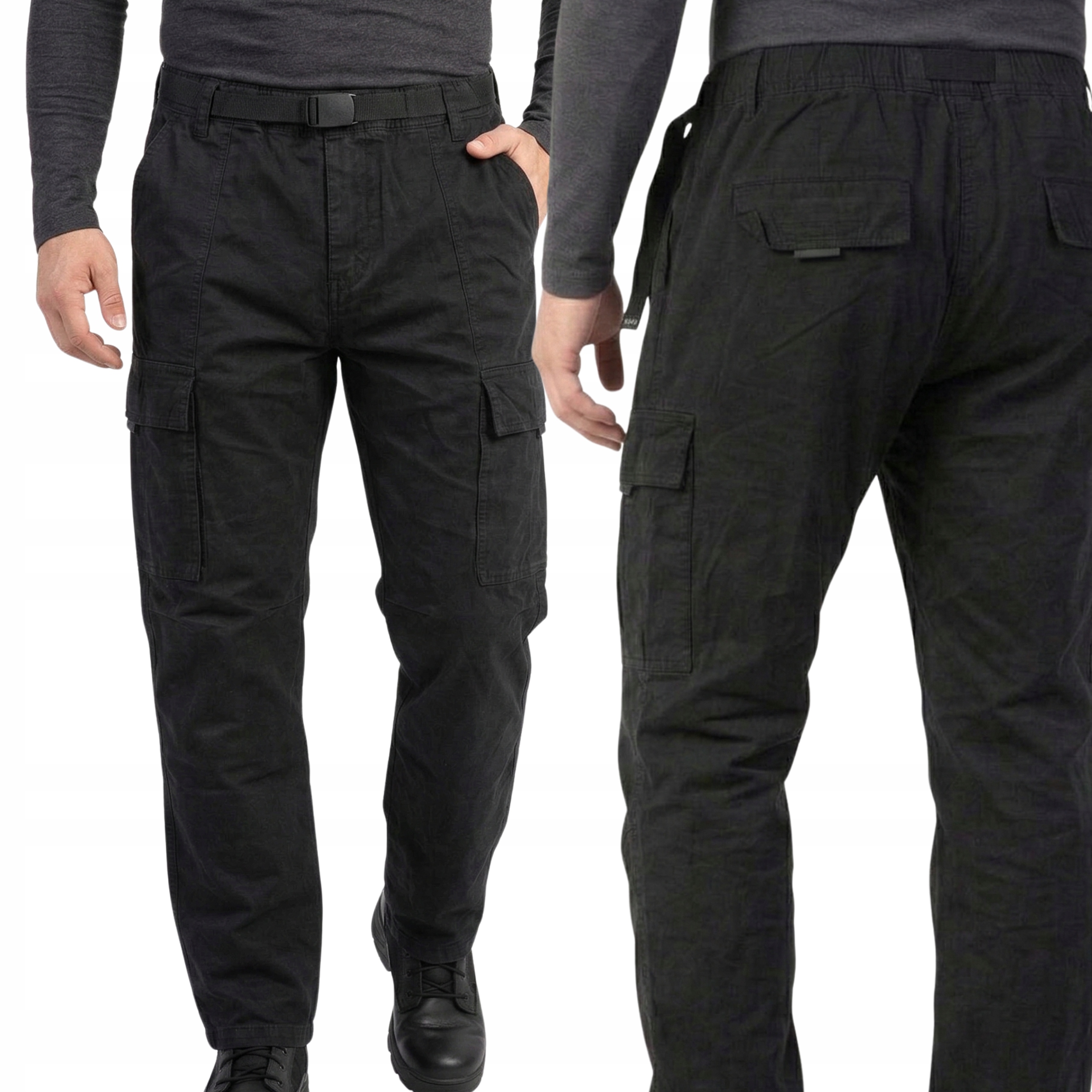 Spodnie męskie Bojówki Materiałowe Bawełniane czarne na gumce Proste roz 32