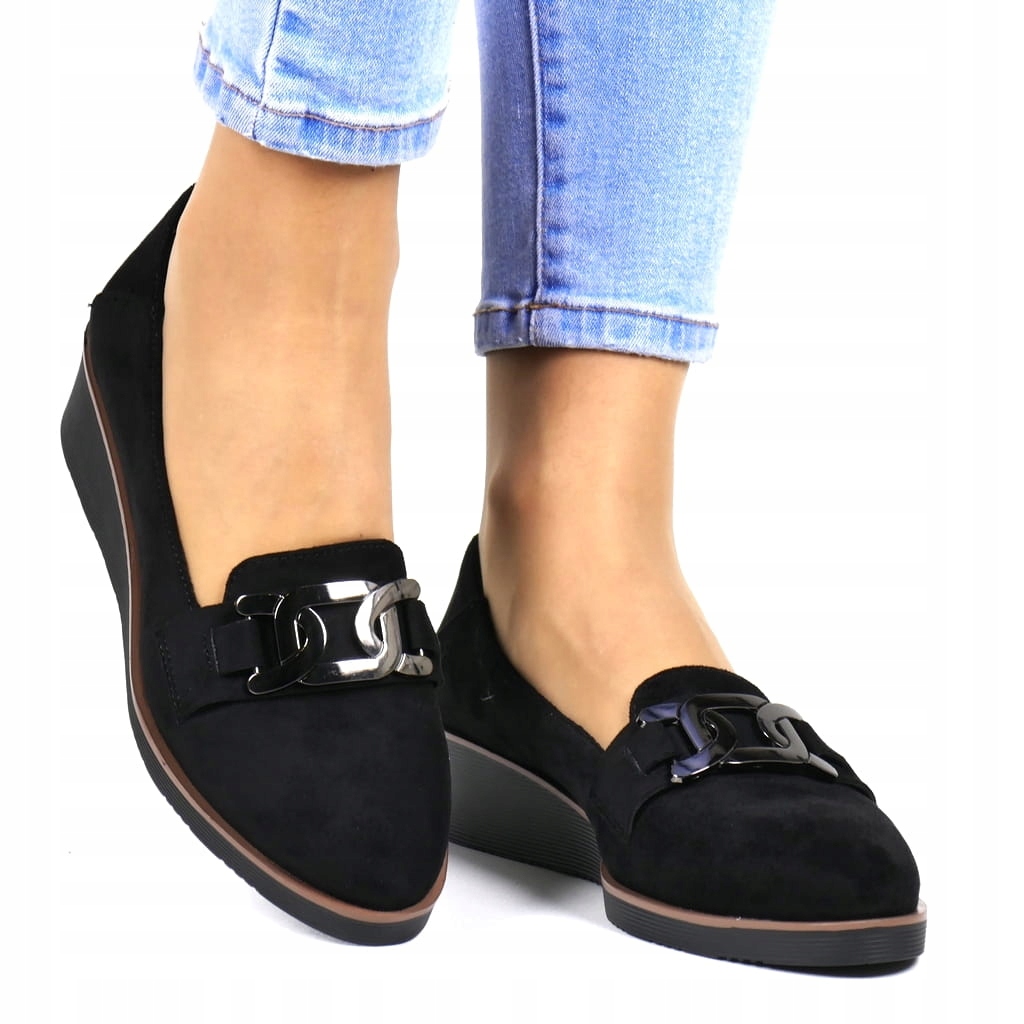 WYGODNE BUTY DAMSKIE NA KOTURNIE MOKASYNY CZARNE ZAMSZOWE WSUWANE POTOCKI Kod producenta 12319 CZARNE