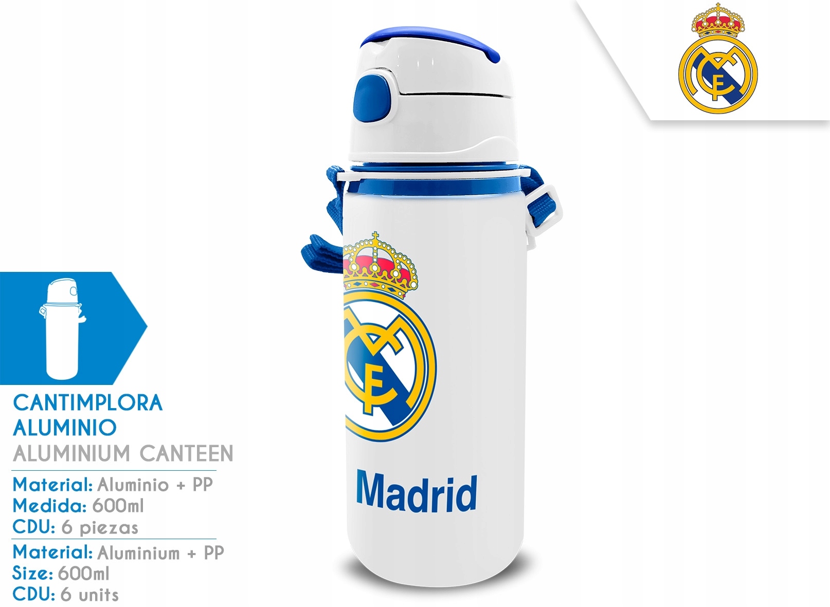 Bidon Real Madryt 600 ml lekki metalowy dla fanów sportowa butelka z uchwyt