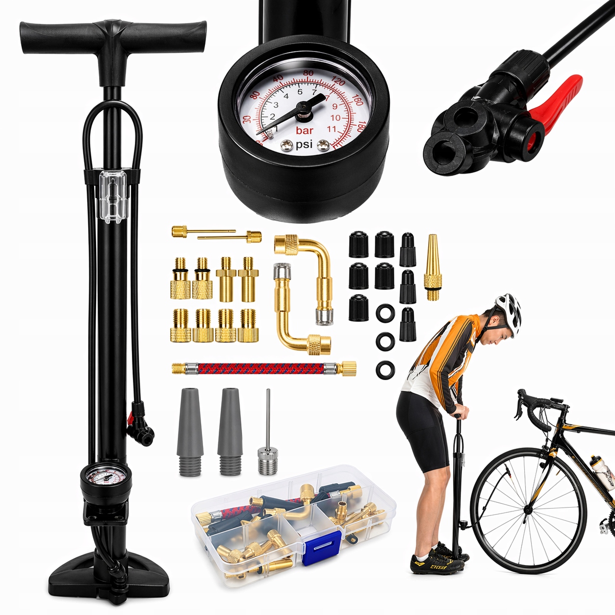 POMPKA ROWEROWA SAMOCHODOWA Z MANOMETREM PODŁOGOWA RĘCZNA + 32 ADAPTERY