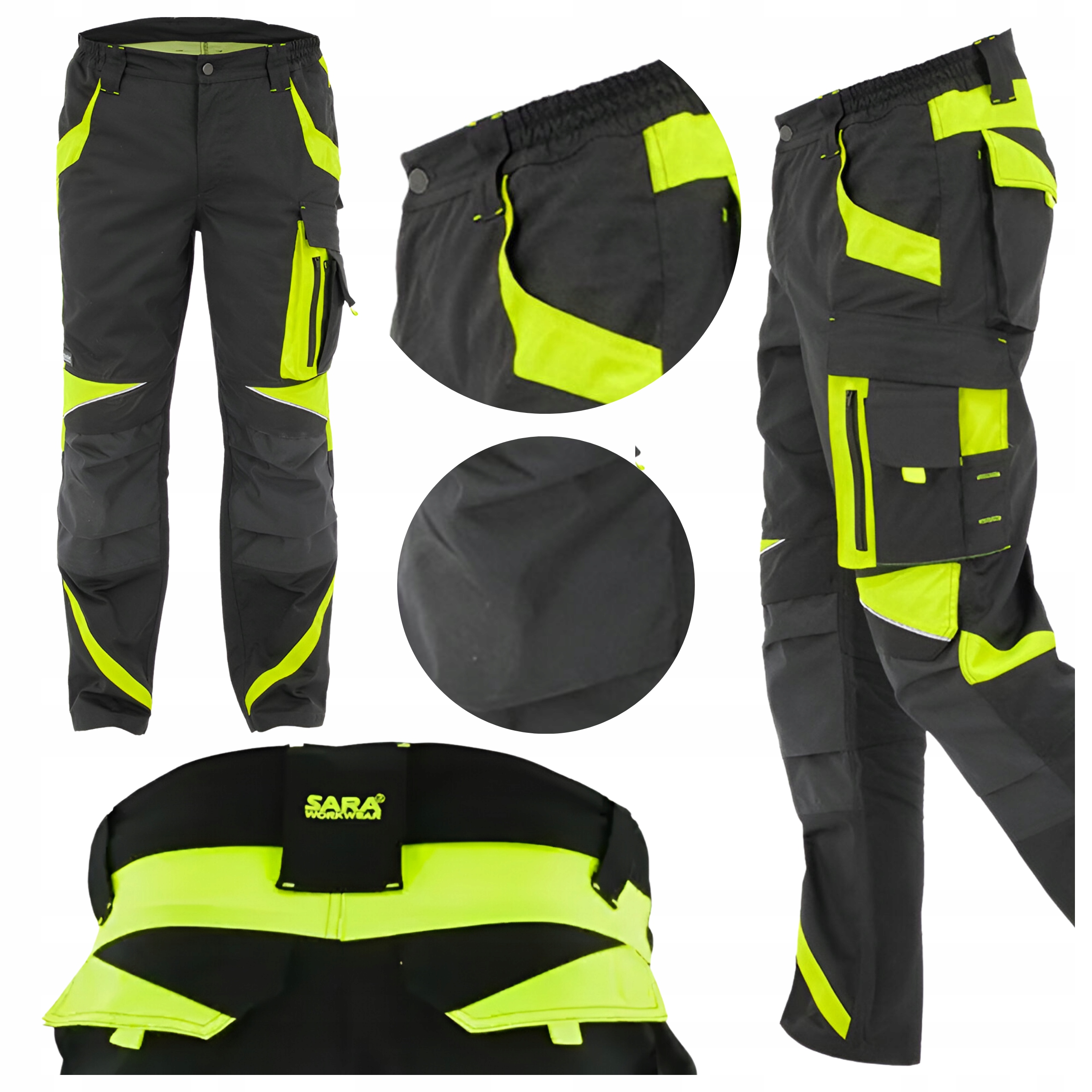 Spodnie Robocze Męskie Odblaskowe Do Pasa Elastyczne Czarne Bhp 54