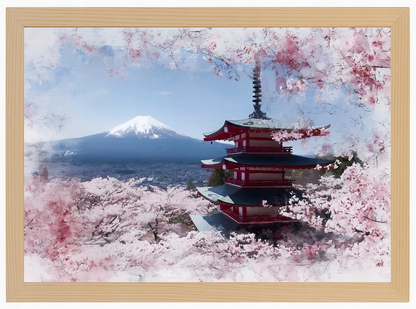 Plakát Rámeček Dřevo Japonsko Hora Fuji Pagoda Sakura Květ Višeň 100x70