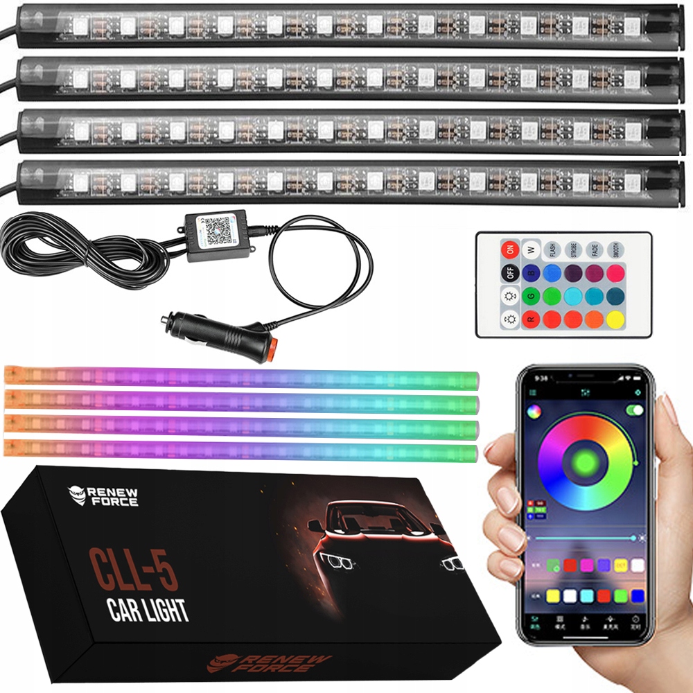Oświetlenie RGB Wnętrza AUTA KABINY Samochodu 48 LED + STEROWANIE APLIKACJĄ
