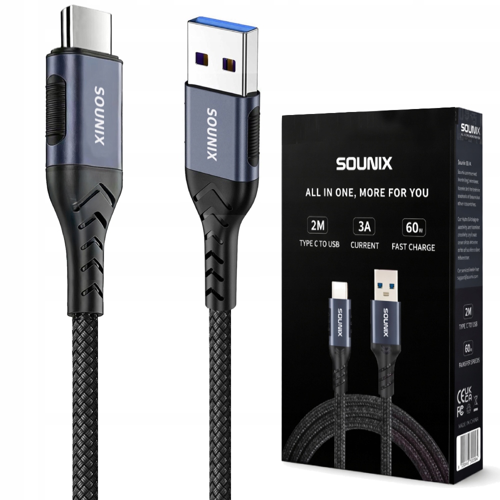 Mocny kabel Usb-a Usb-c 5m Sounix w oplocie Szybkie ładowanie 3A typ C Qc