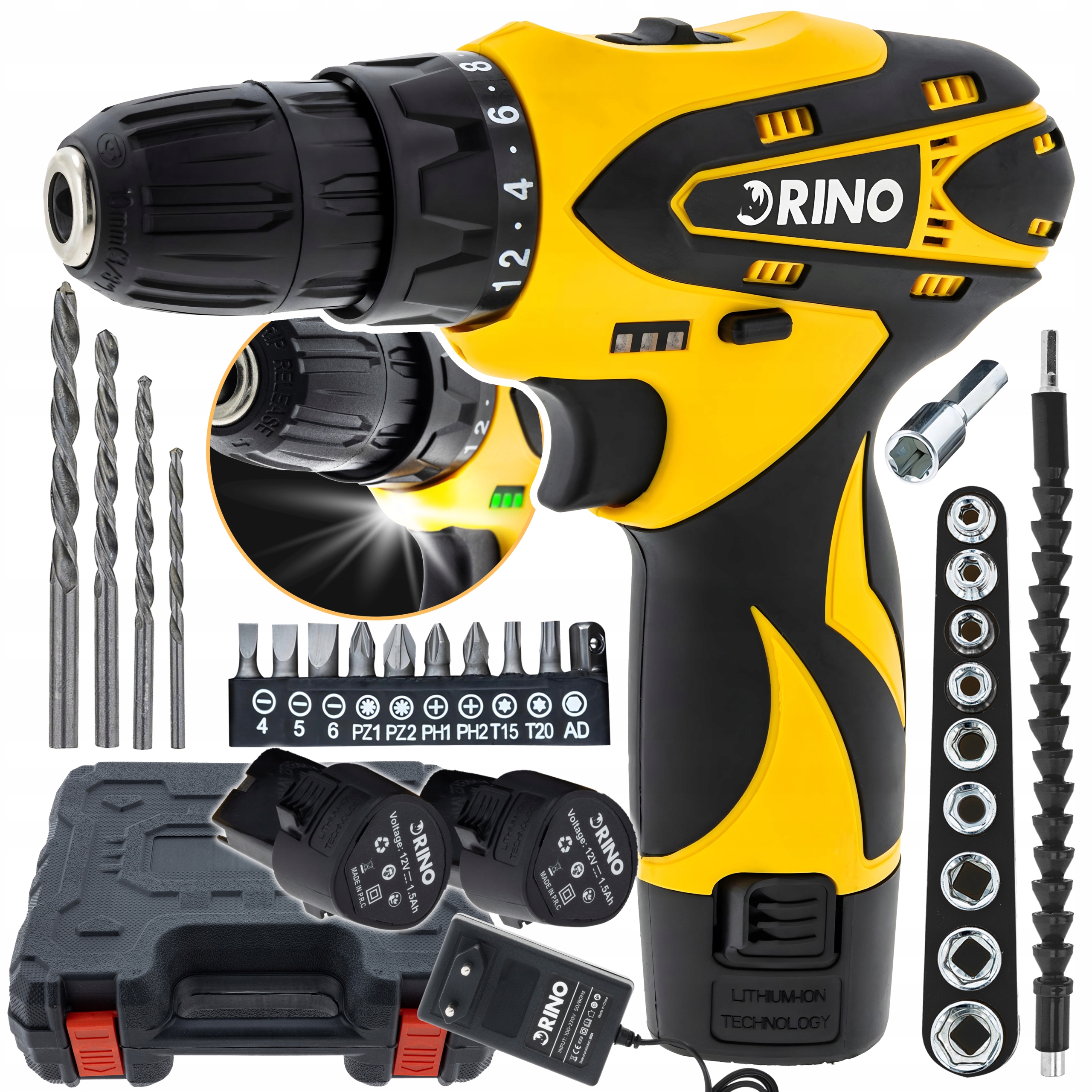 Wiertarko Wkrętarka Akumulatorowa 12V Rino Zestaw Akcesoria 2X Akumulator