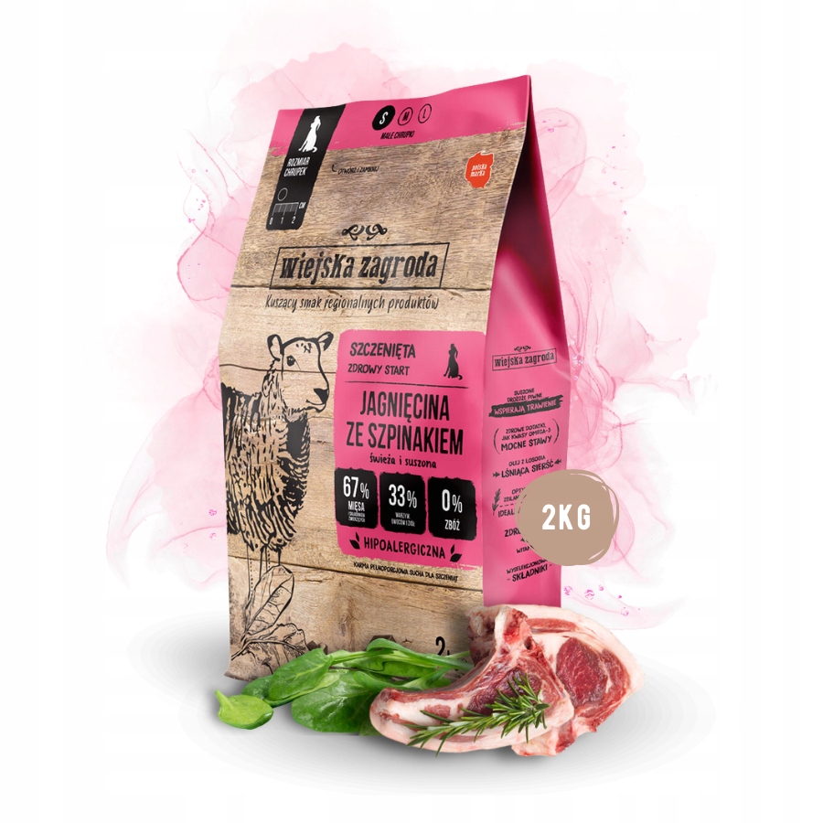 Levně Wiejska Zagroda krmivo pro štěňata Jehněčí Špenát Malá plemena 2 kg