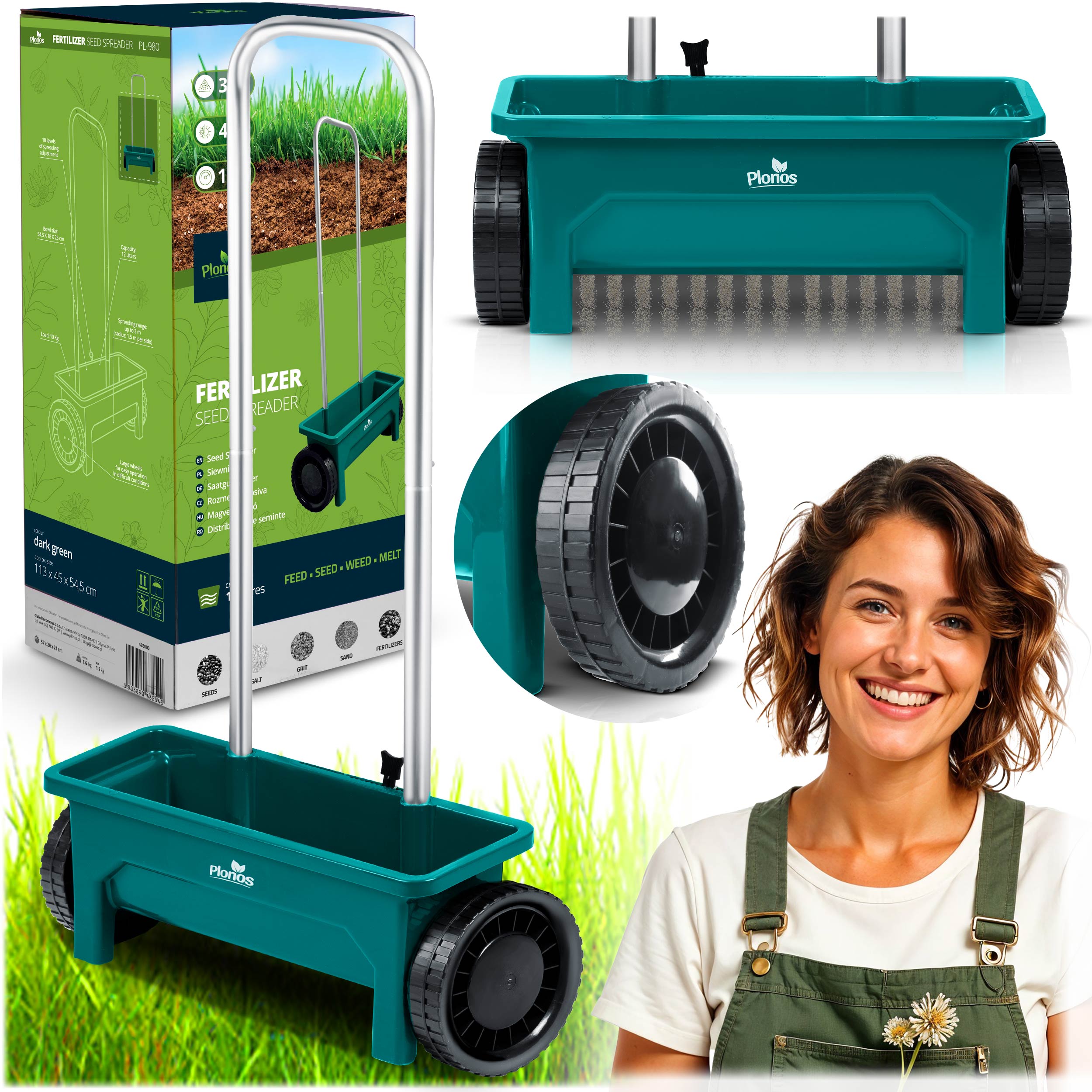 Siewnik Do Trawy nasion Rozsiewacz Nawozu ręczny 12L Plonos Regulowany
