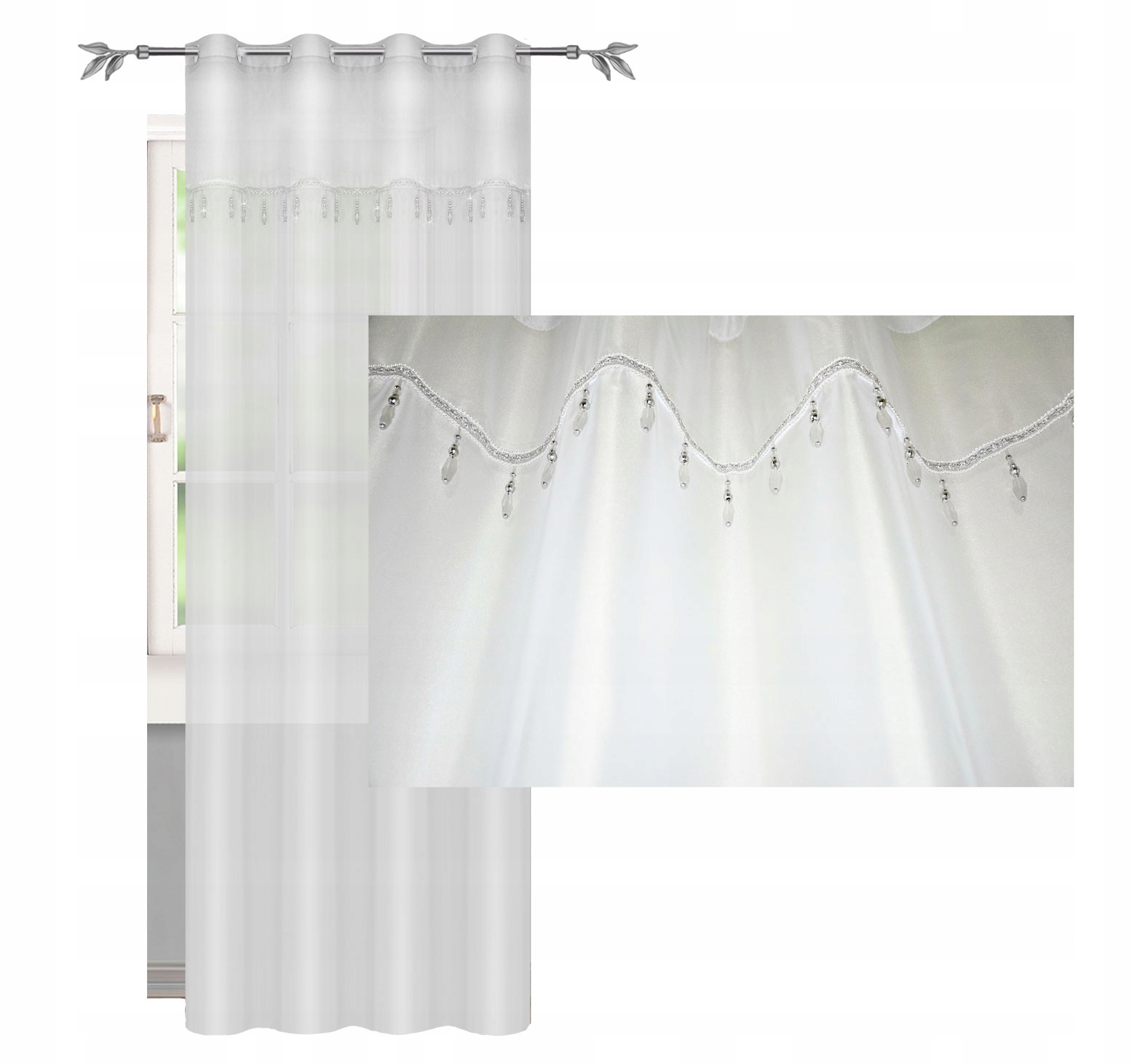 GOTOWA FIRANA z KORALIKAMI KÓŁKA 145 x 250 GLAMOUR BIAŁA