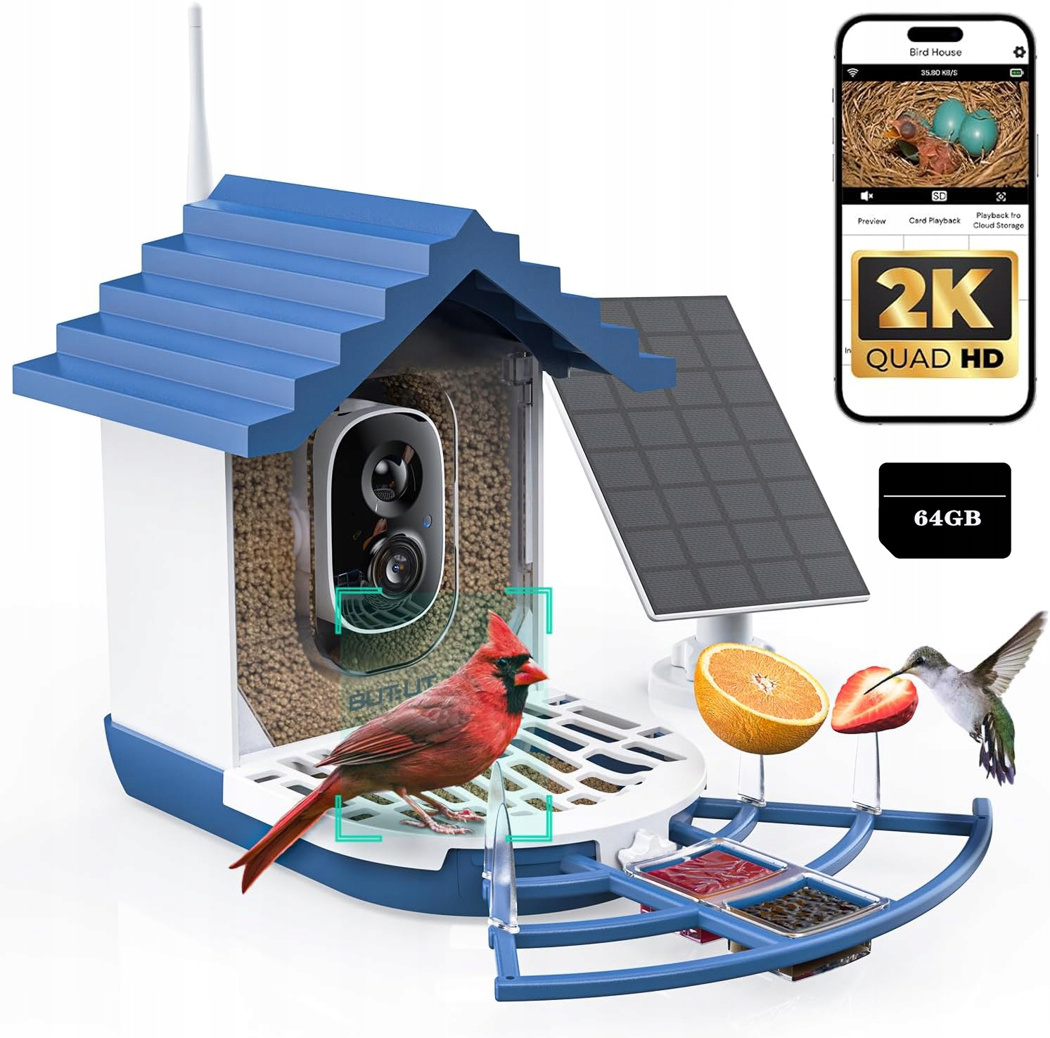 Inteligentní krmítko pro ptáky s kamerou napájenou solární energií s kapacitou 64 Gb
