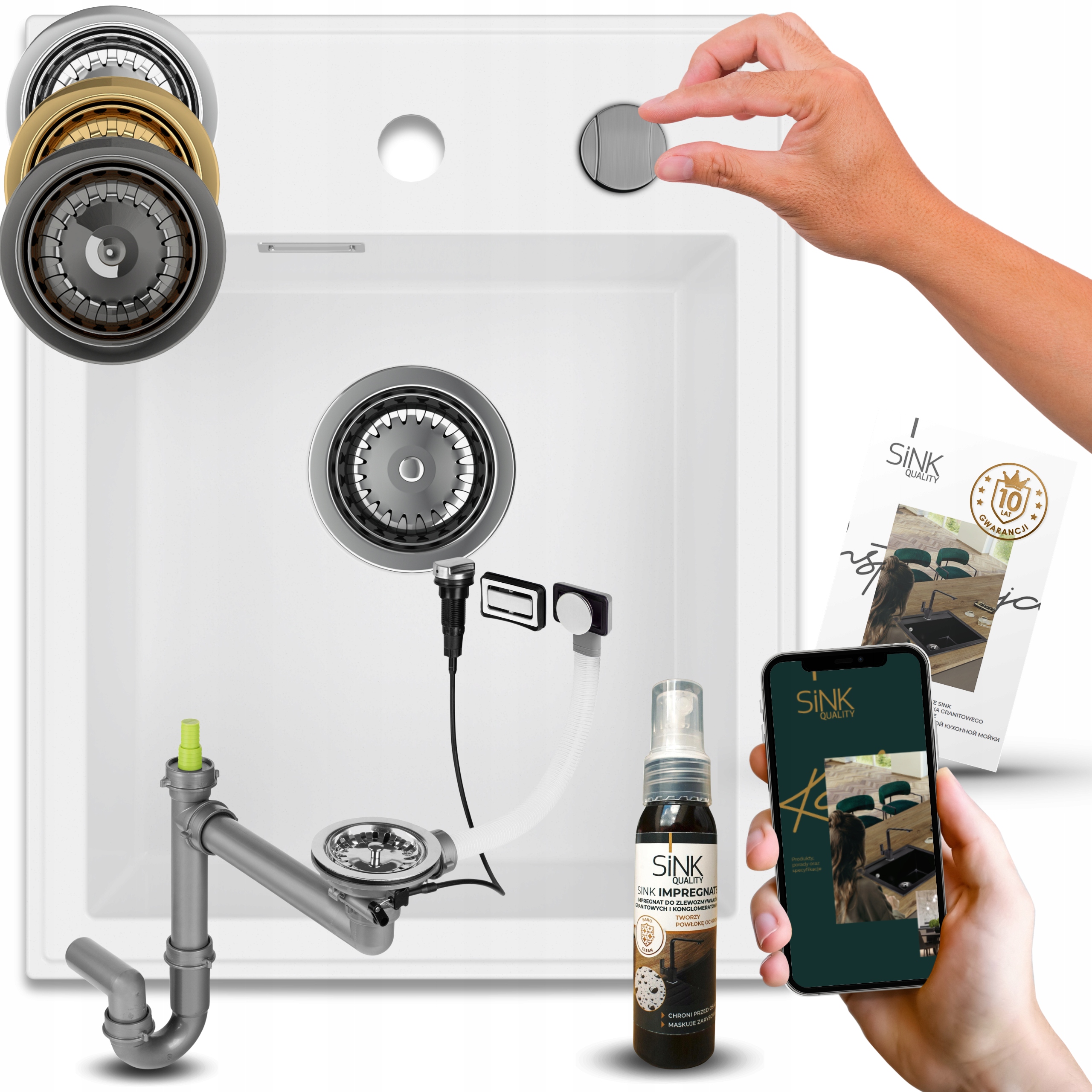 Granitový Jednokorómový Drez Biely Sifón Automat Impregnat 7v1