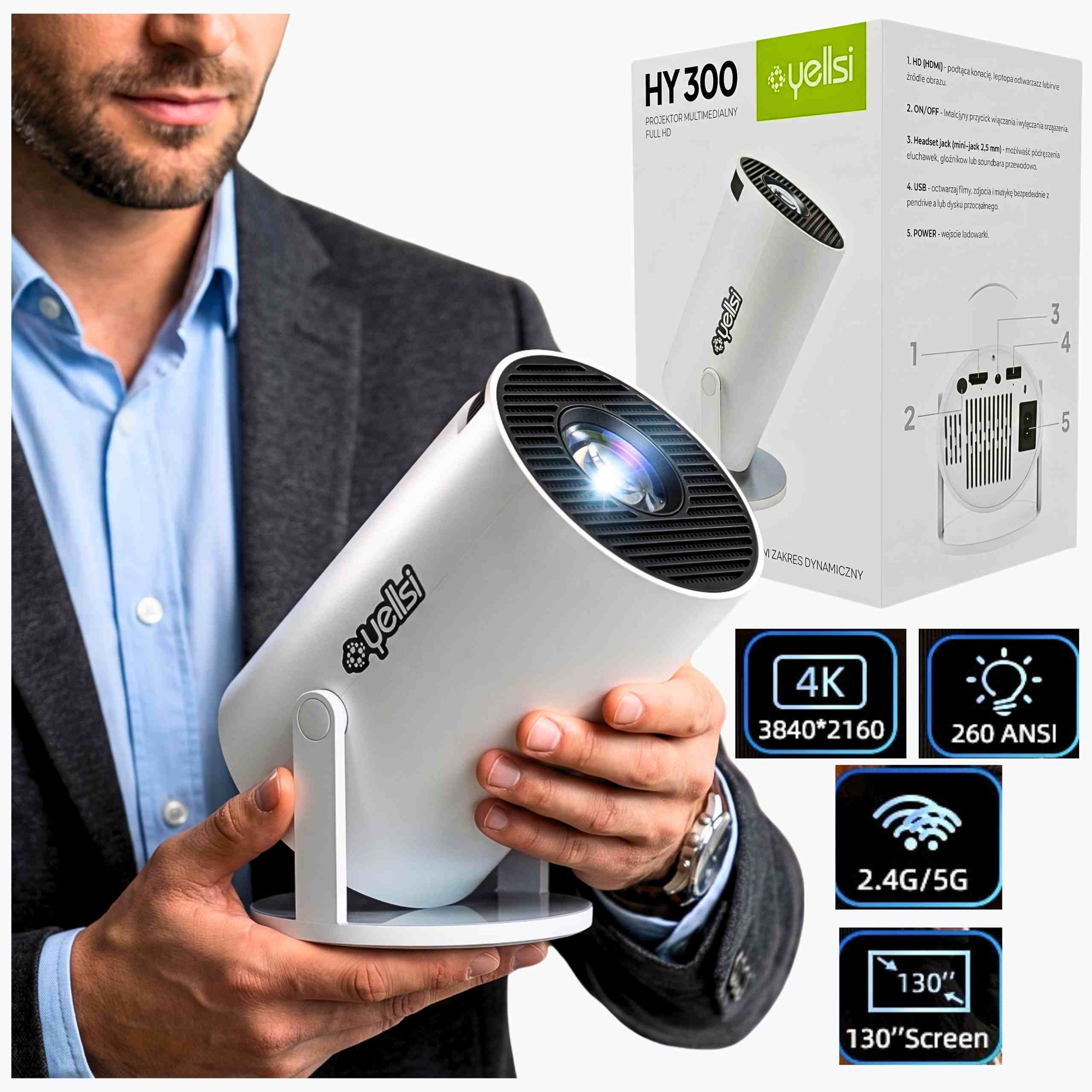 Projektor rzutnik 4k led multimedialny mini smart android tv Yellsi Airplay