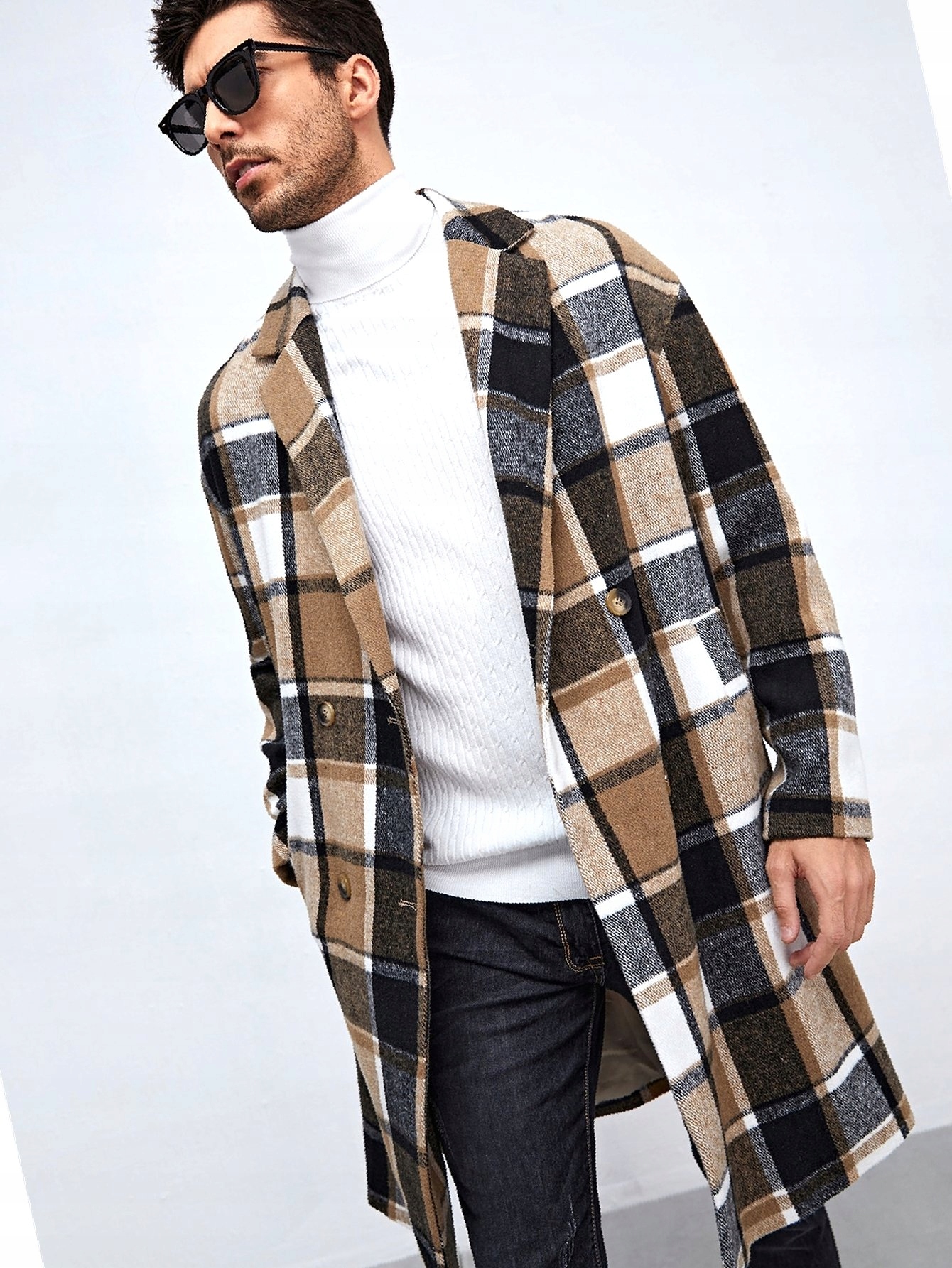 Pánský klasický kabát s mřížkou, stylový, módní, ležérní, velikost M