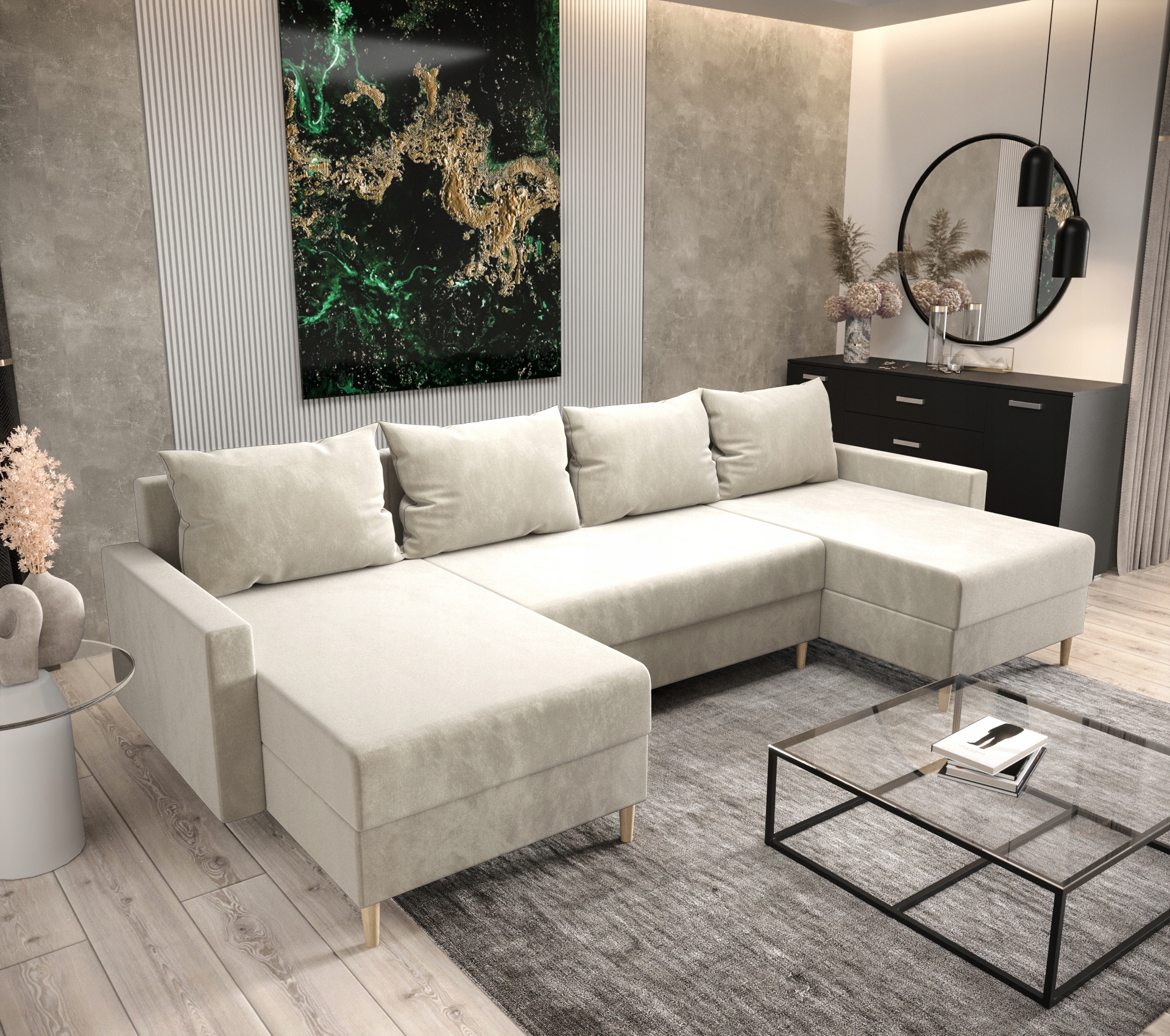 ROGÓWKA kształt U MOLI 09 290CM BEŻ AUTOMAT+SPANIE