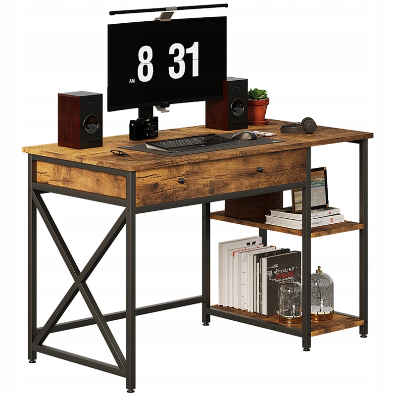 BIURKO KOMPUTEROWE LOFT INDUSTRIALNE RUSTYKALNY BRĄZ Z SZUFLADĄ PÓŁKAMI