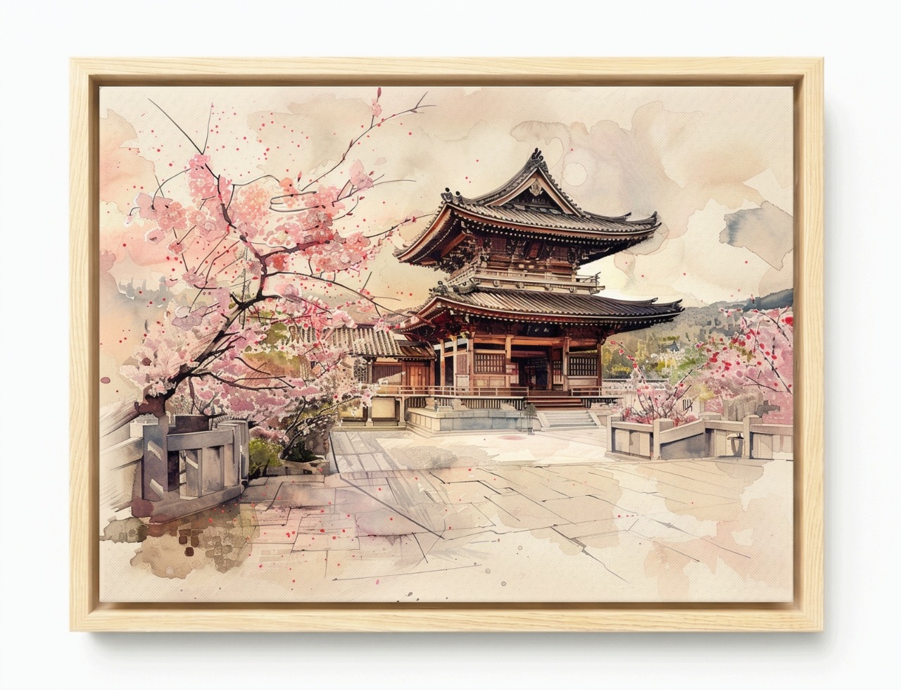 Obraz Rám Americký Box Japonský Kvetoucí Chrám Višeň Akvarel 100x75