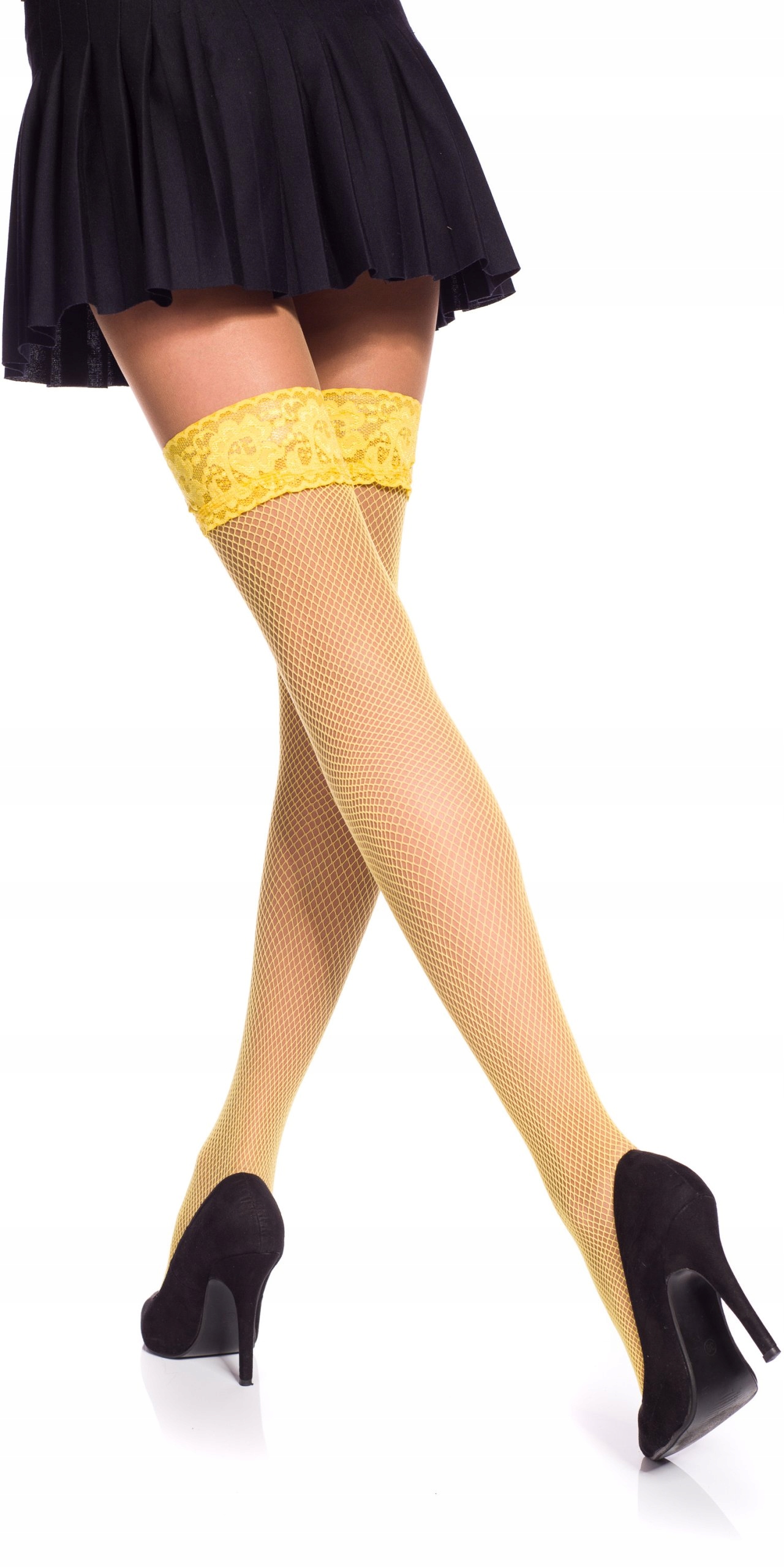 Pończochy kabaretki z małym oczkiem #2, żółty Wykończenie matowe